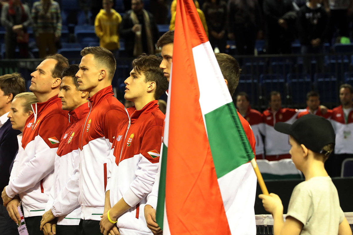 Hungary during the national anthem at the Fonix Arena