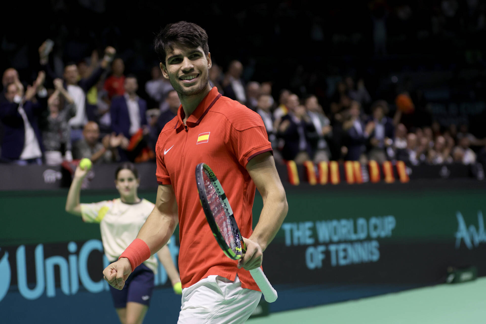 Carlos Alcaraz in action for Spain in 2024