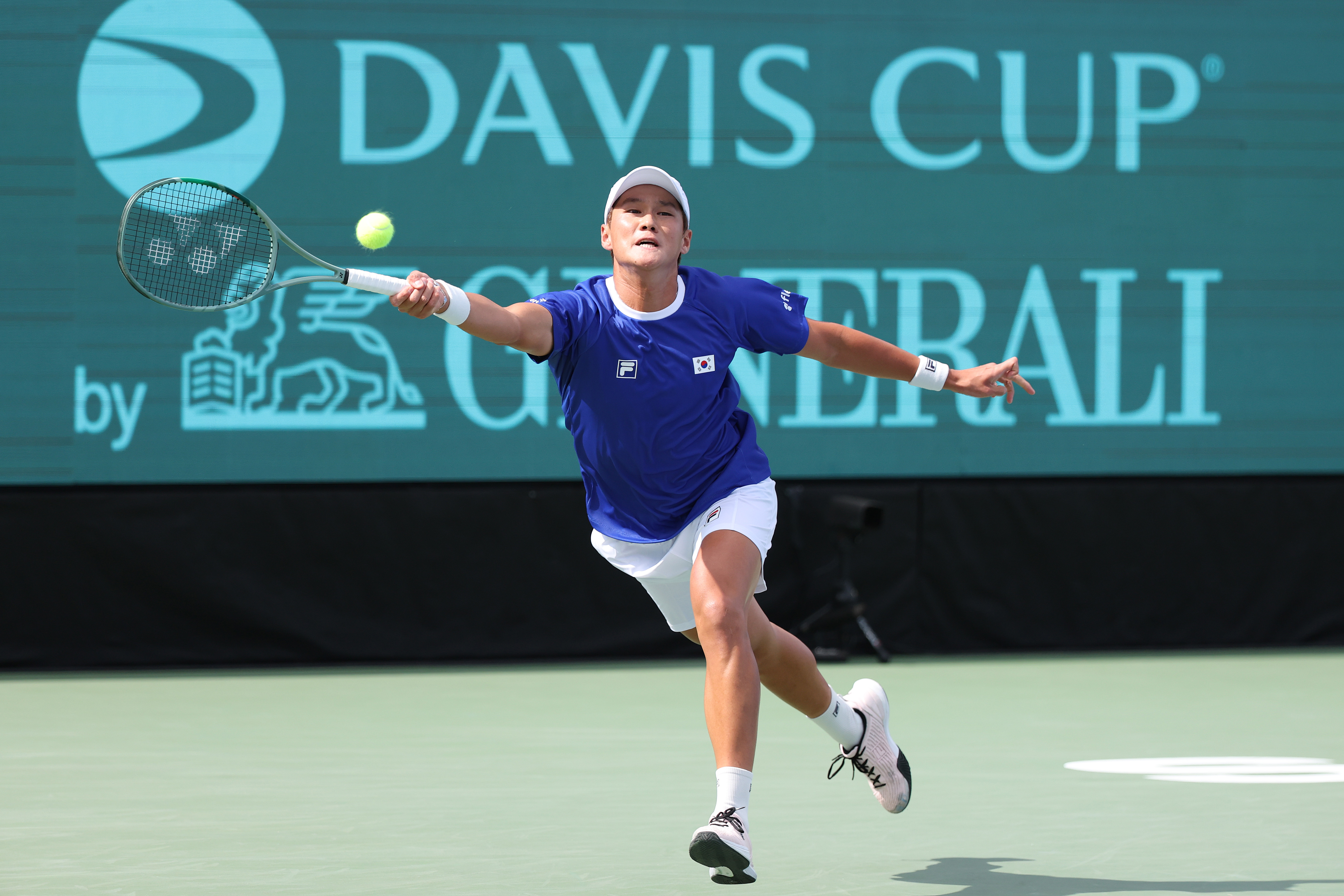 Soonwoo Kwon hits a return in Davis Cup Qualifiers 2nd Round in Seoul. 