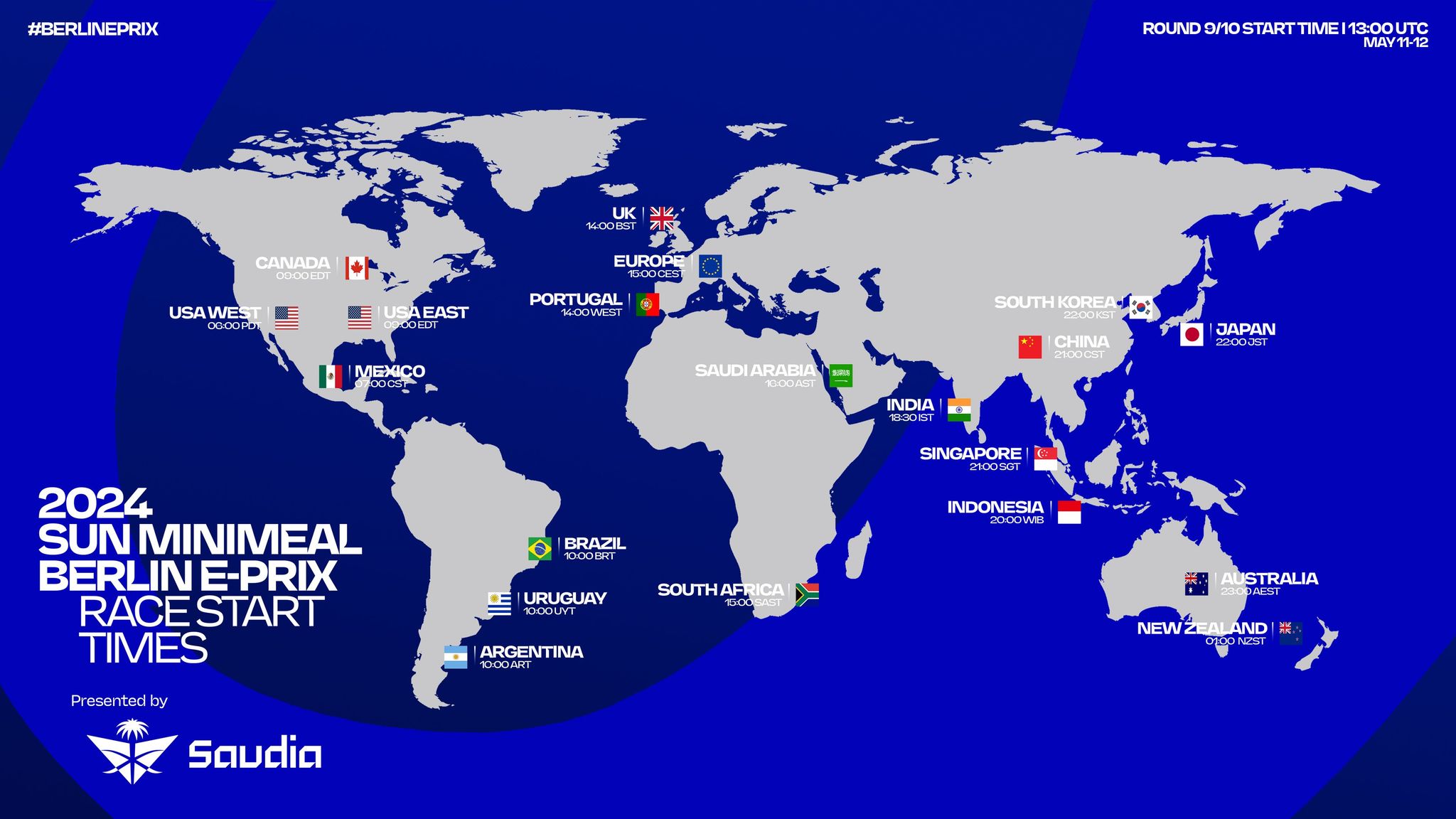 Schedule and race start times for the 2024 SUN MINIMEAL Berlin E-Prix