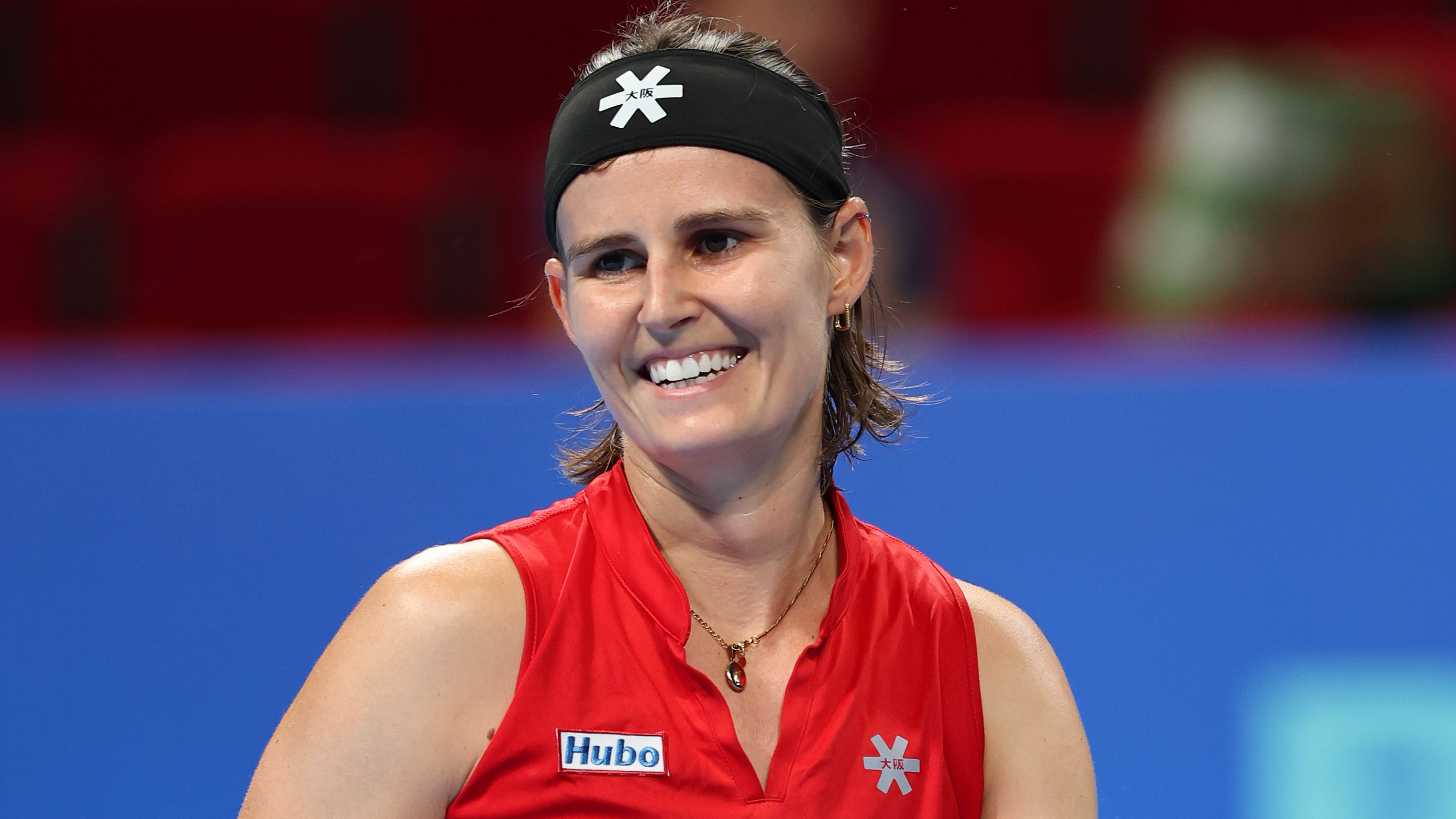 Greet Minnen of Belgium celebrates winning against Elina Svitolina 
