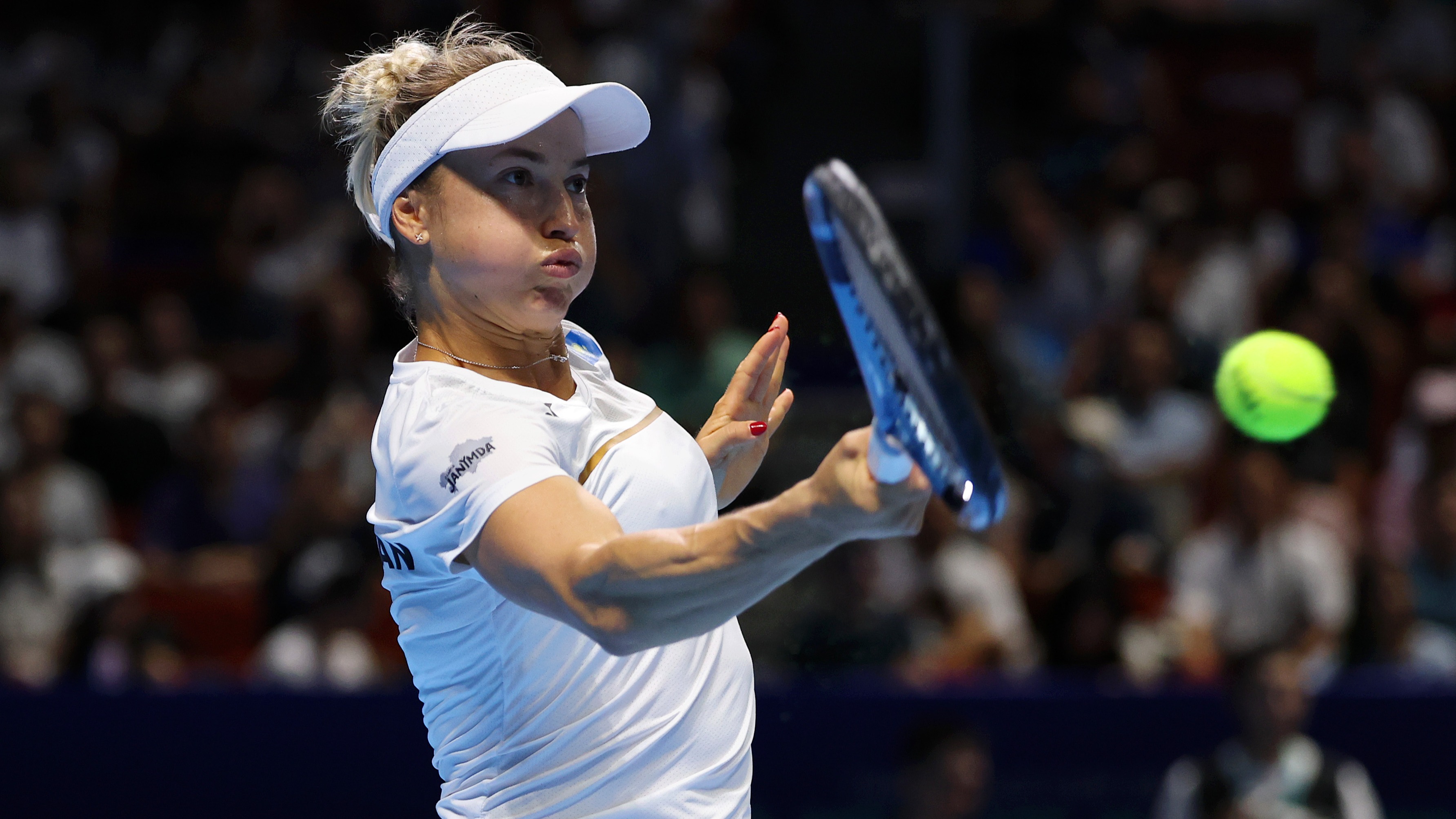 Yulia Putintseva plays forehand shot in 2025 BJK Cup