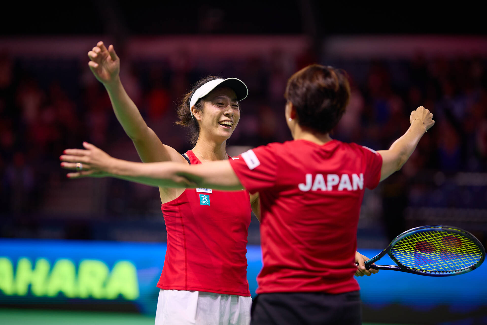 Ena Shibahara celebrates after defeating Italy in the Billie Jean King Cup Finals quarter-finals