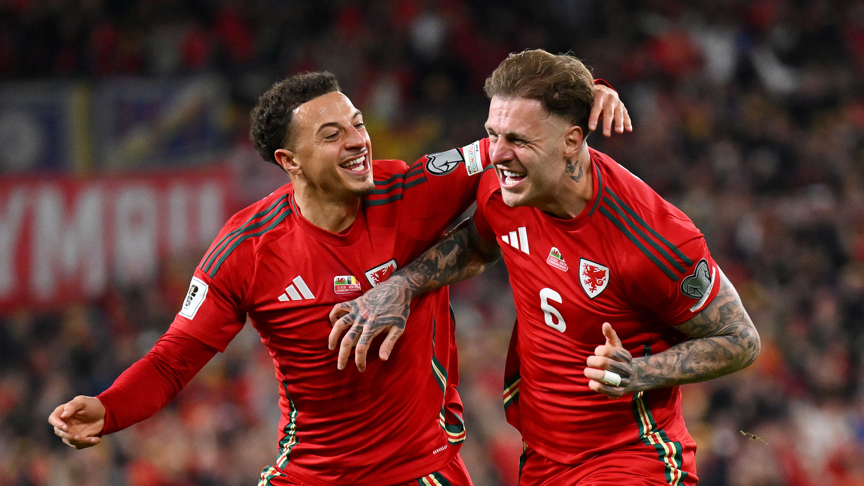 Joe Rodon Ethan Ampadu Celebrating Wales