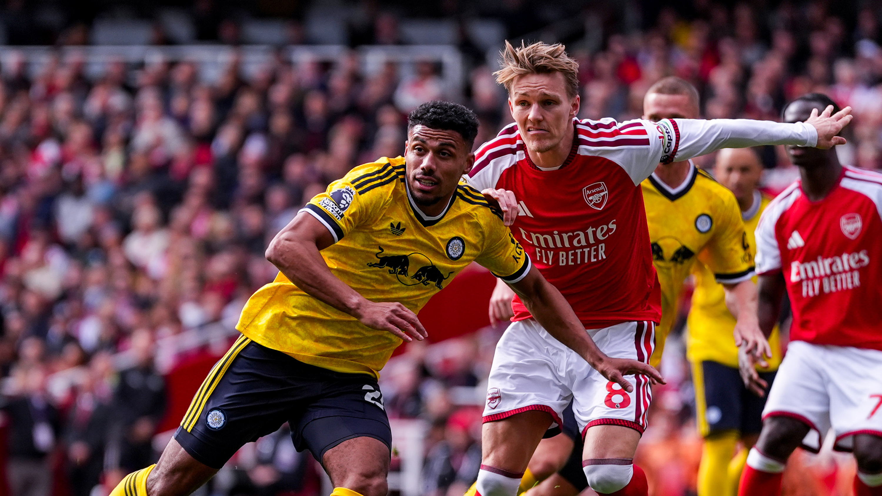 James Justin Martin Odegaard Arsenal Oct 26 Challenge for ball