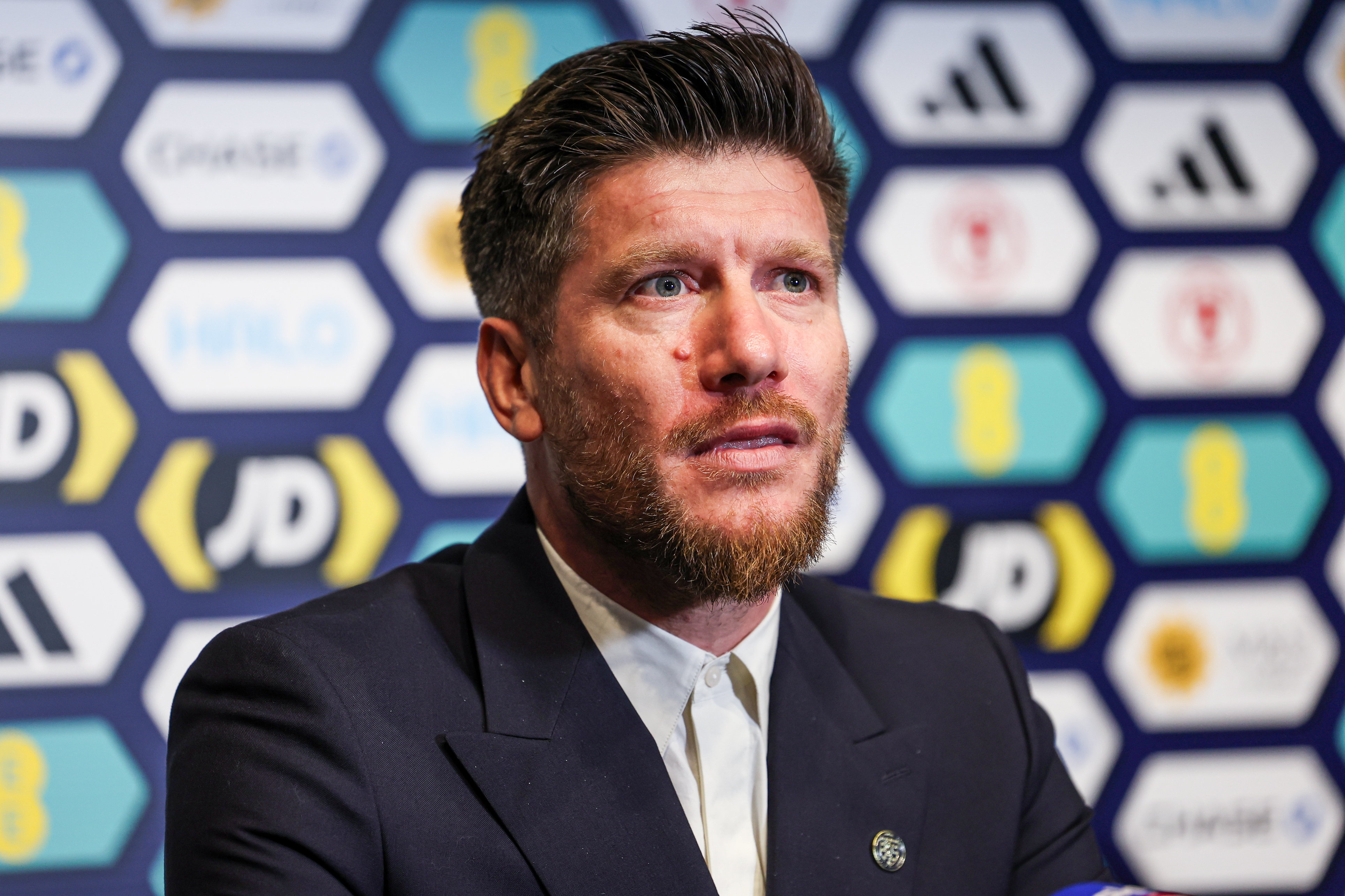Sébastien Pocognoli addresses the media at Scotland's MD-1 Press Conference