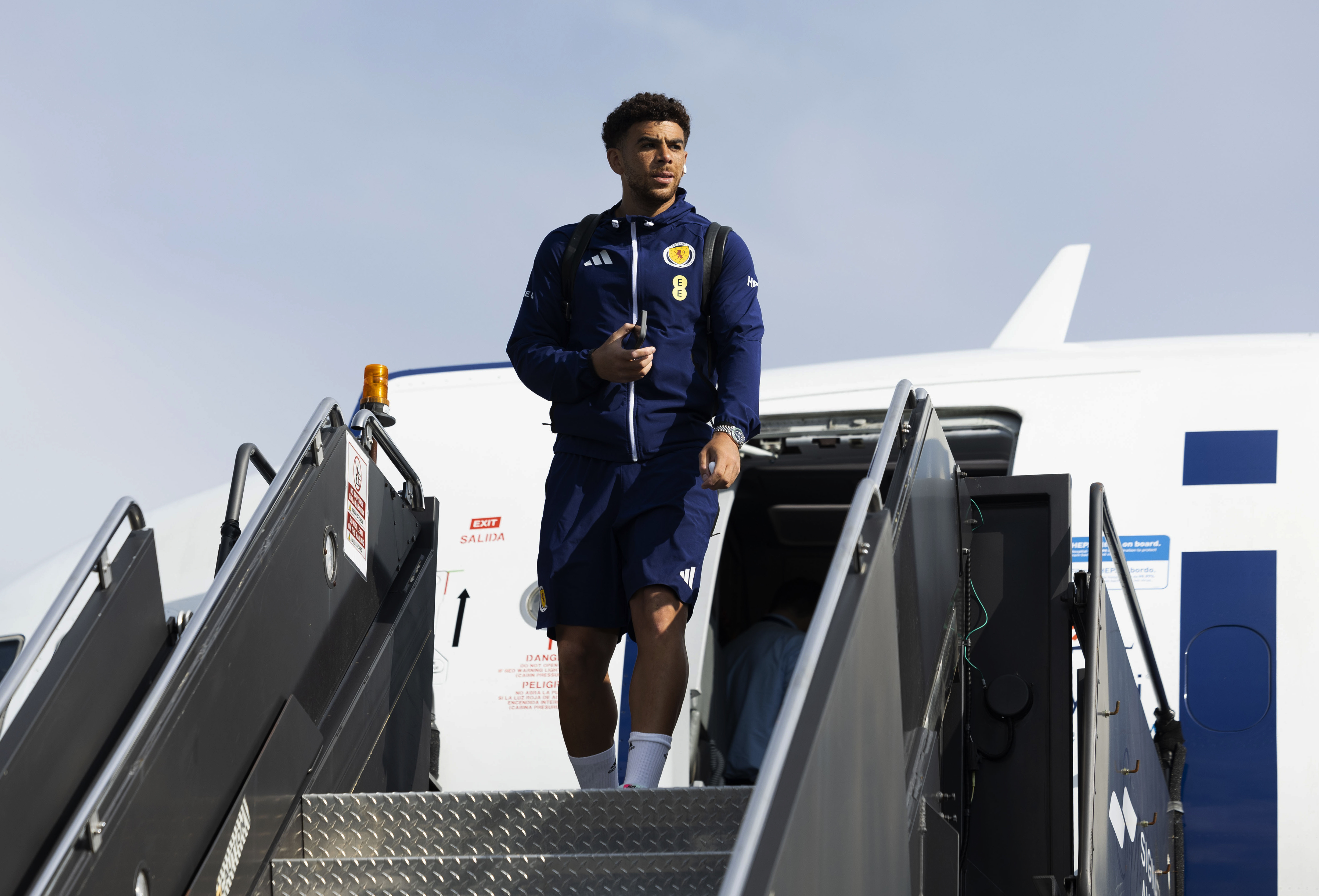 Che Adams is pictured as Scotland arrive in Boston ahead of Friday's match with Morocco