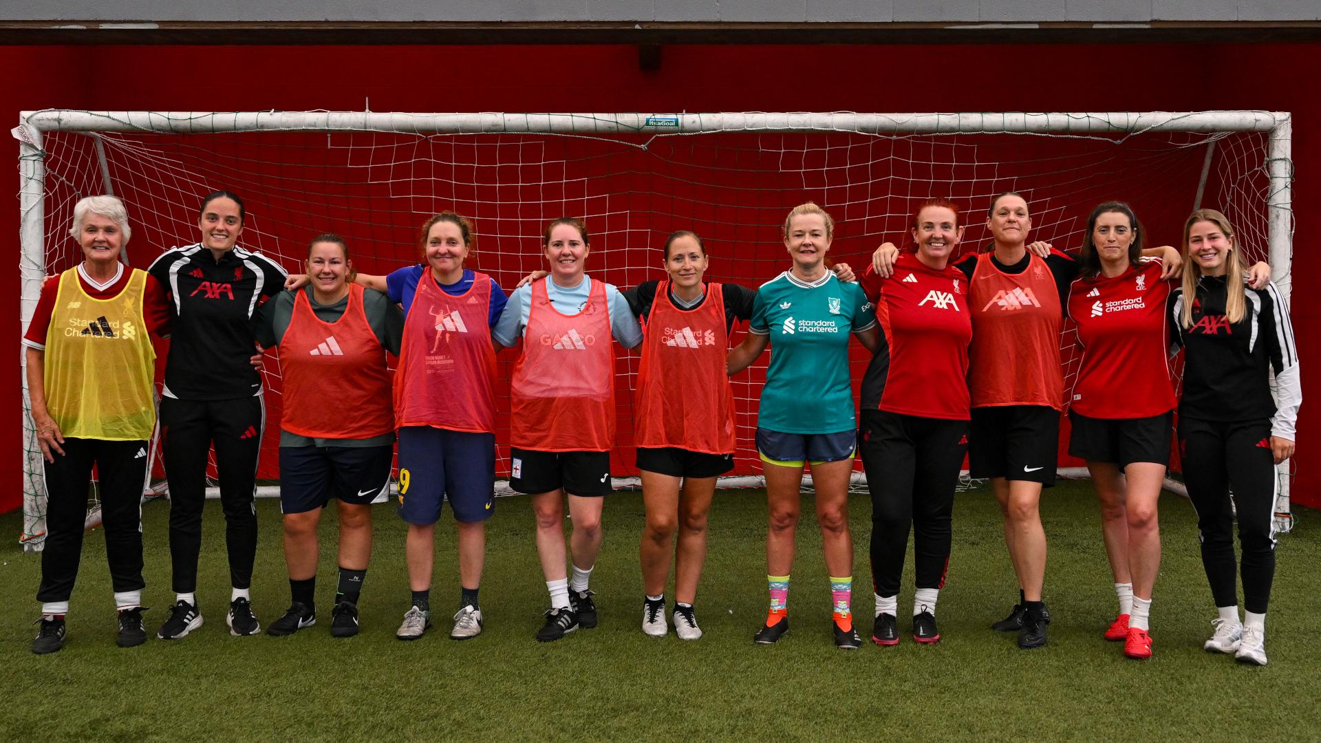 Marie Höbinger and Faye Kirby surprise LFC Foundation walking footballers at Melwood