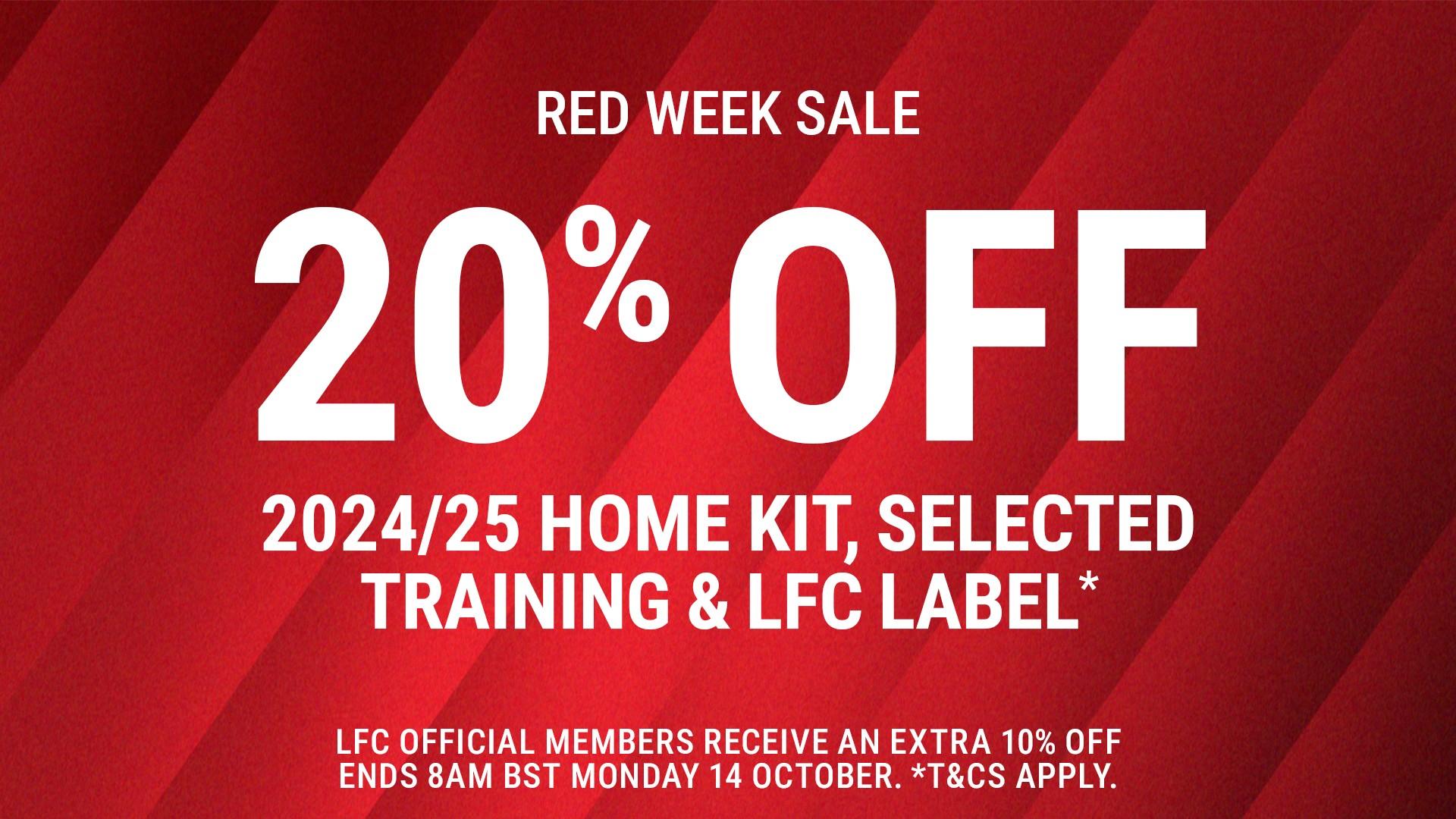 Red Week Sale: Get 20% off* 2024-25 home kit, training gear and LFC Label