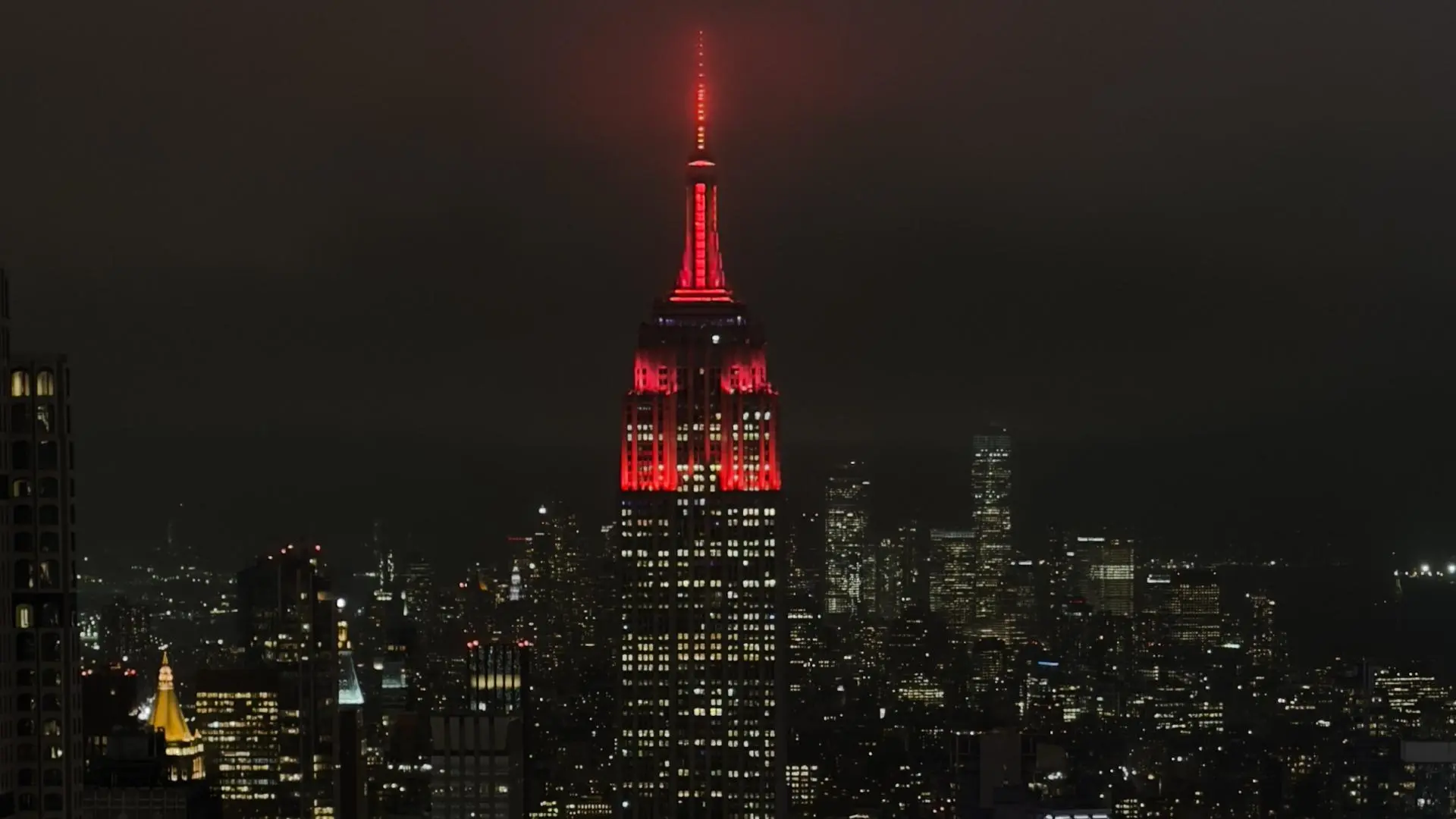 Iconic Empire State Building in New York lit up in Liverpool colours
