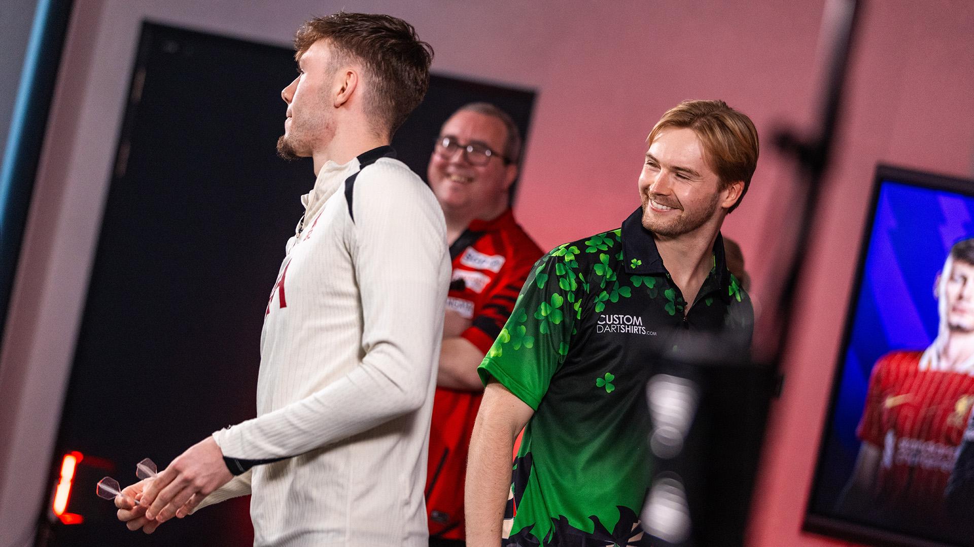Conor Bradley and Caoimhin Kelleher take on darts challenge with Stephen Bunting