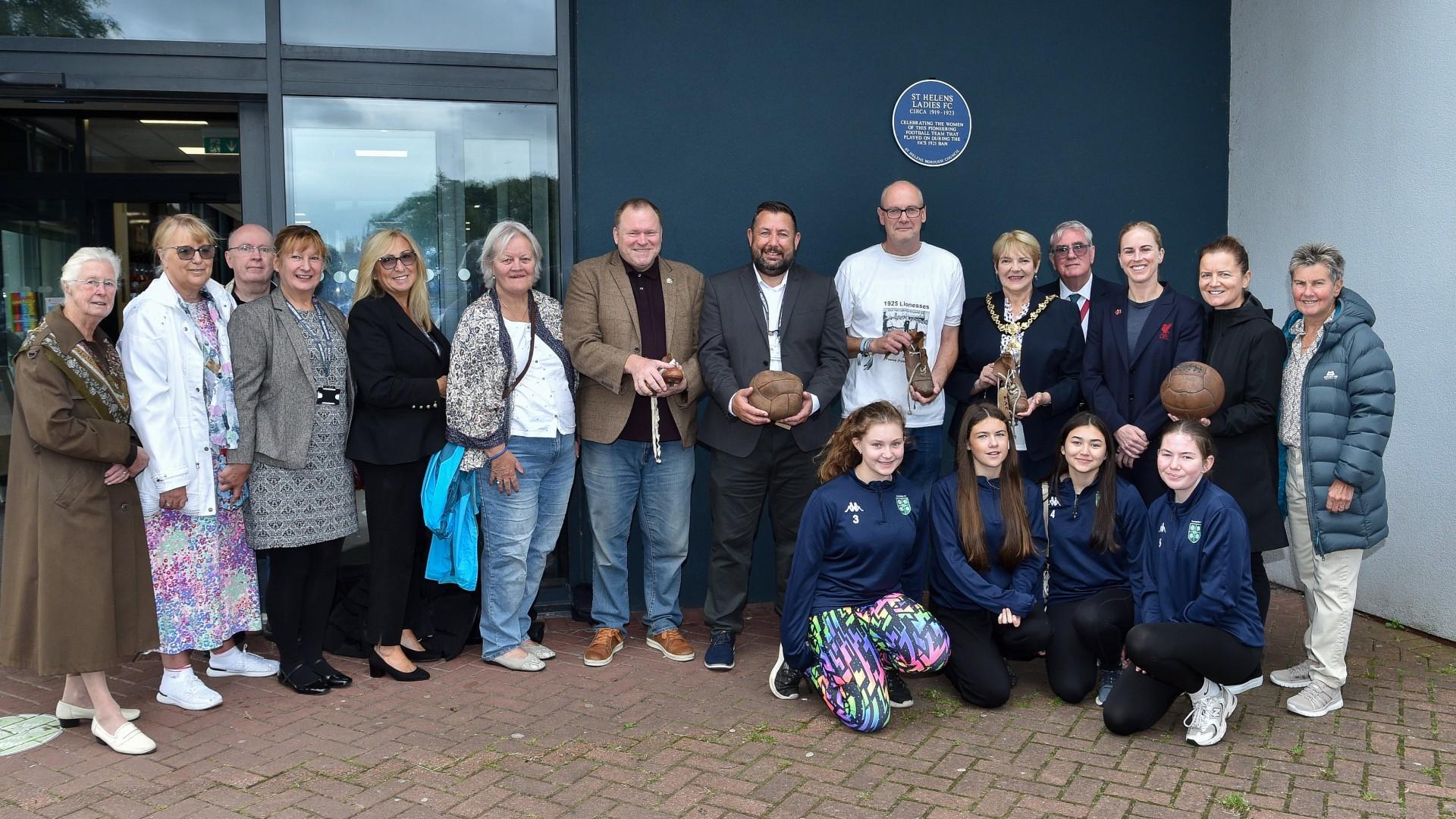 Natasha Dowie and Becky Easton attend St Helens Ladies FC blue plaque unveiling