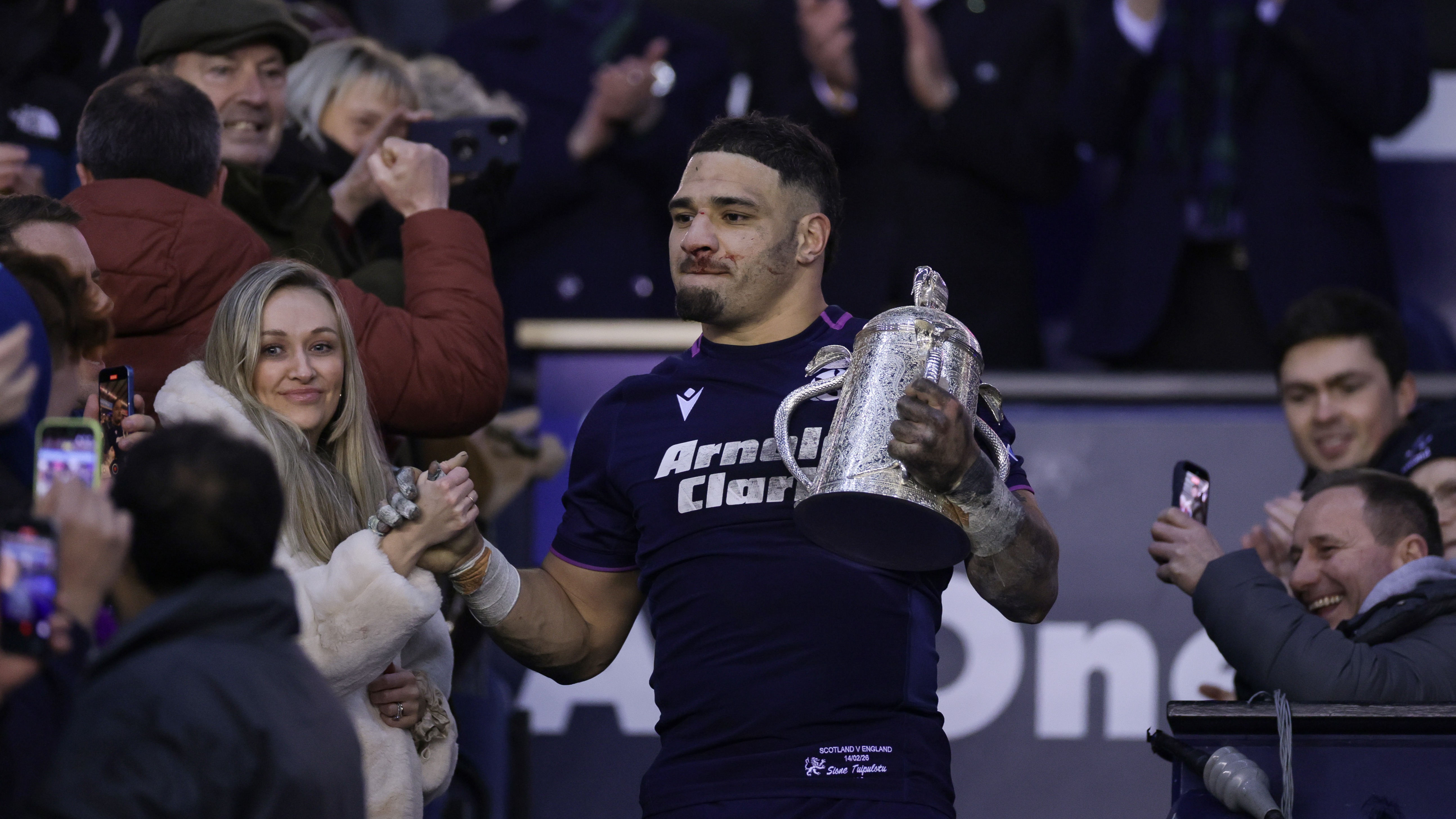 Scotland's Sione Tuipulotu with the Calcutta Cup after the 2026 Guinness Six Nations Championship Round 2 game between Scotland and England in Scottish Gas Murrayfield, Edinburgh