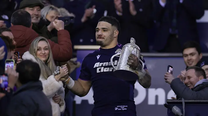 Scotland's Sione Tuipulotu with the Calcutta Cup after the 2026 Guinness Six Nations Championship Round 2 game between Scotland and England in Scottish Gas Murrayfield, Edinburgh