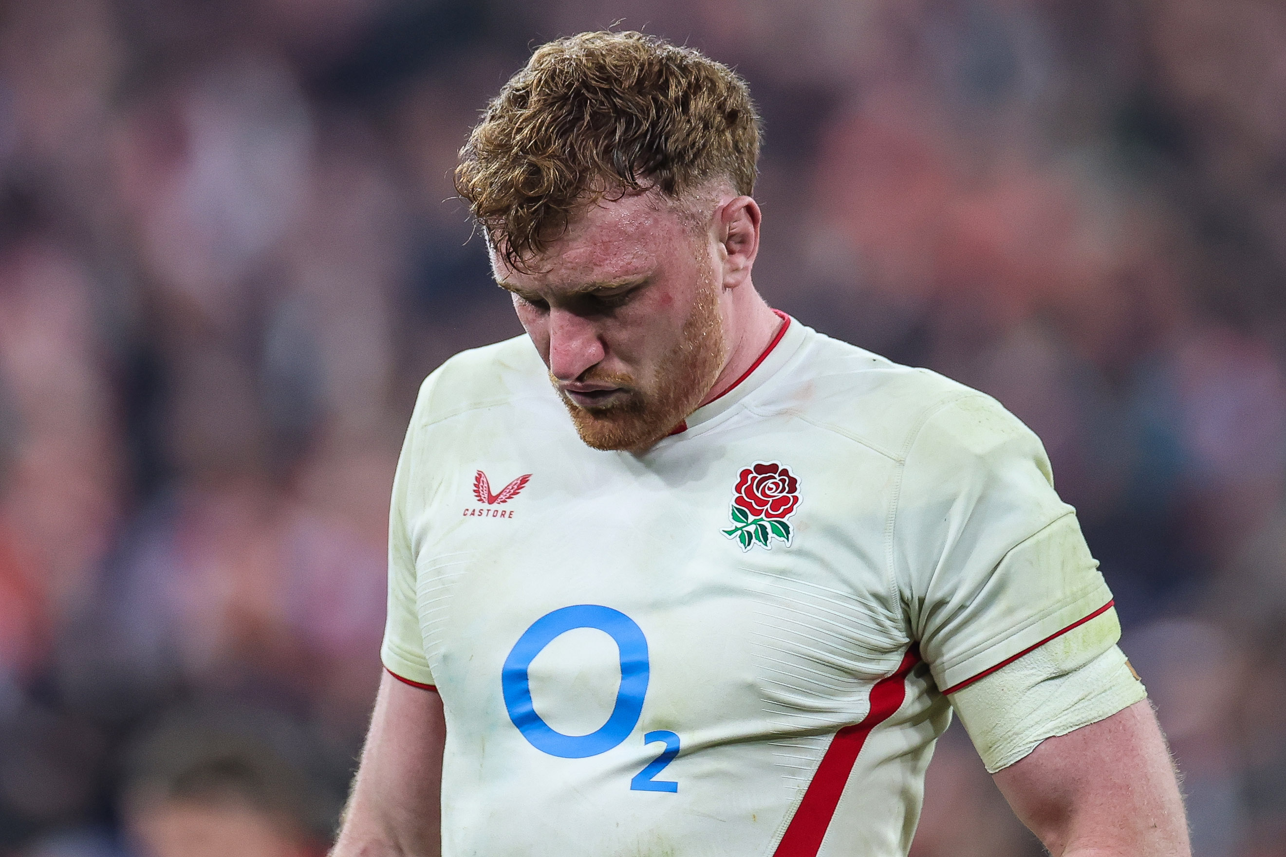 England's Ollie Chessum looks at the ground after the 2026 Guinness Six Nations Championship Round 5 game against France in Paris.