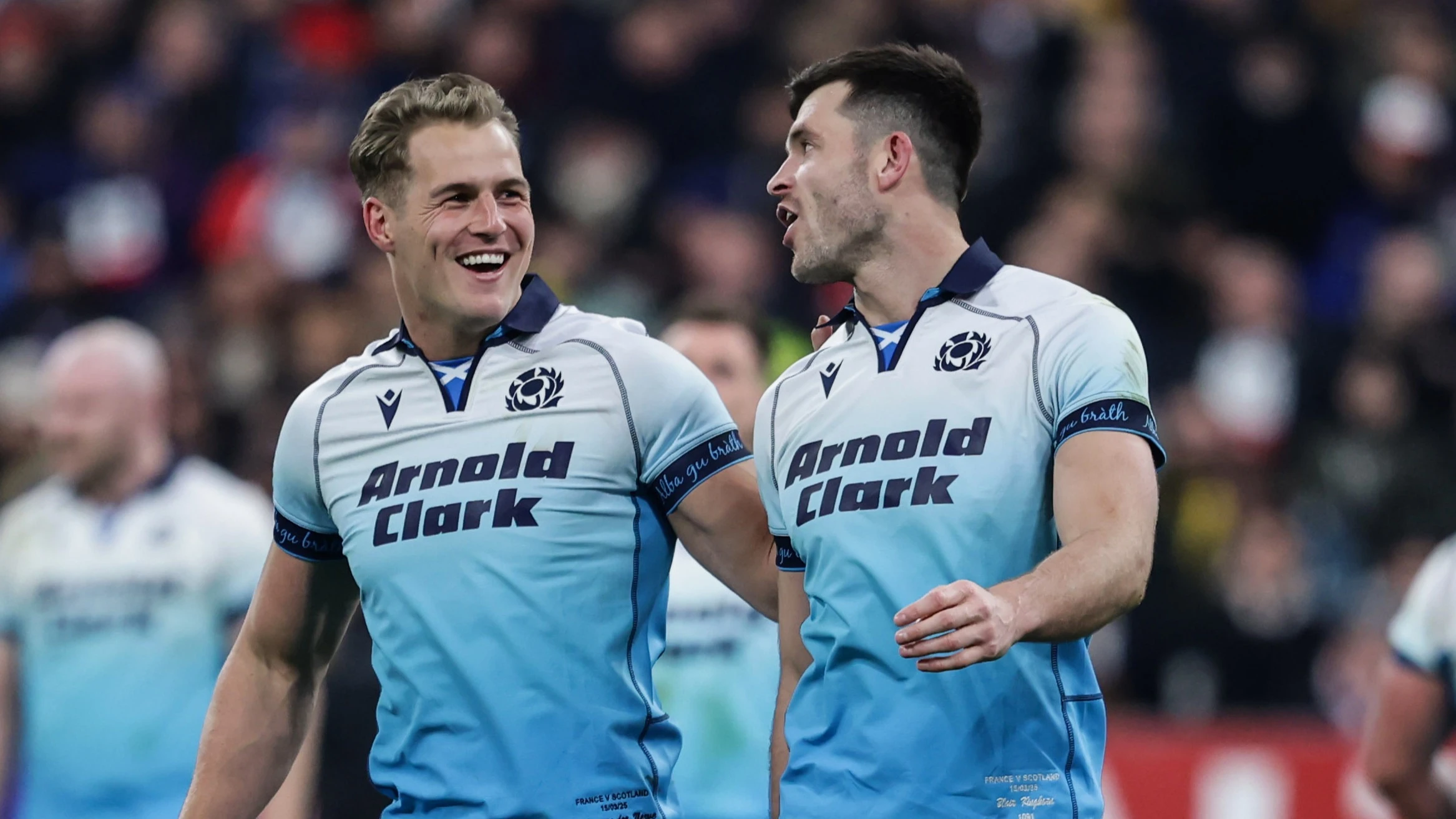 Duhan van der Merwe and Blair Kinghorn all smiles during the 2025 Championship match against France.