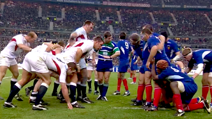 The French and England forwards prepare to pack down for a scrum during the 2004 Championship decider in Paris.
