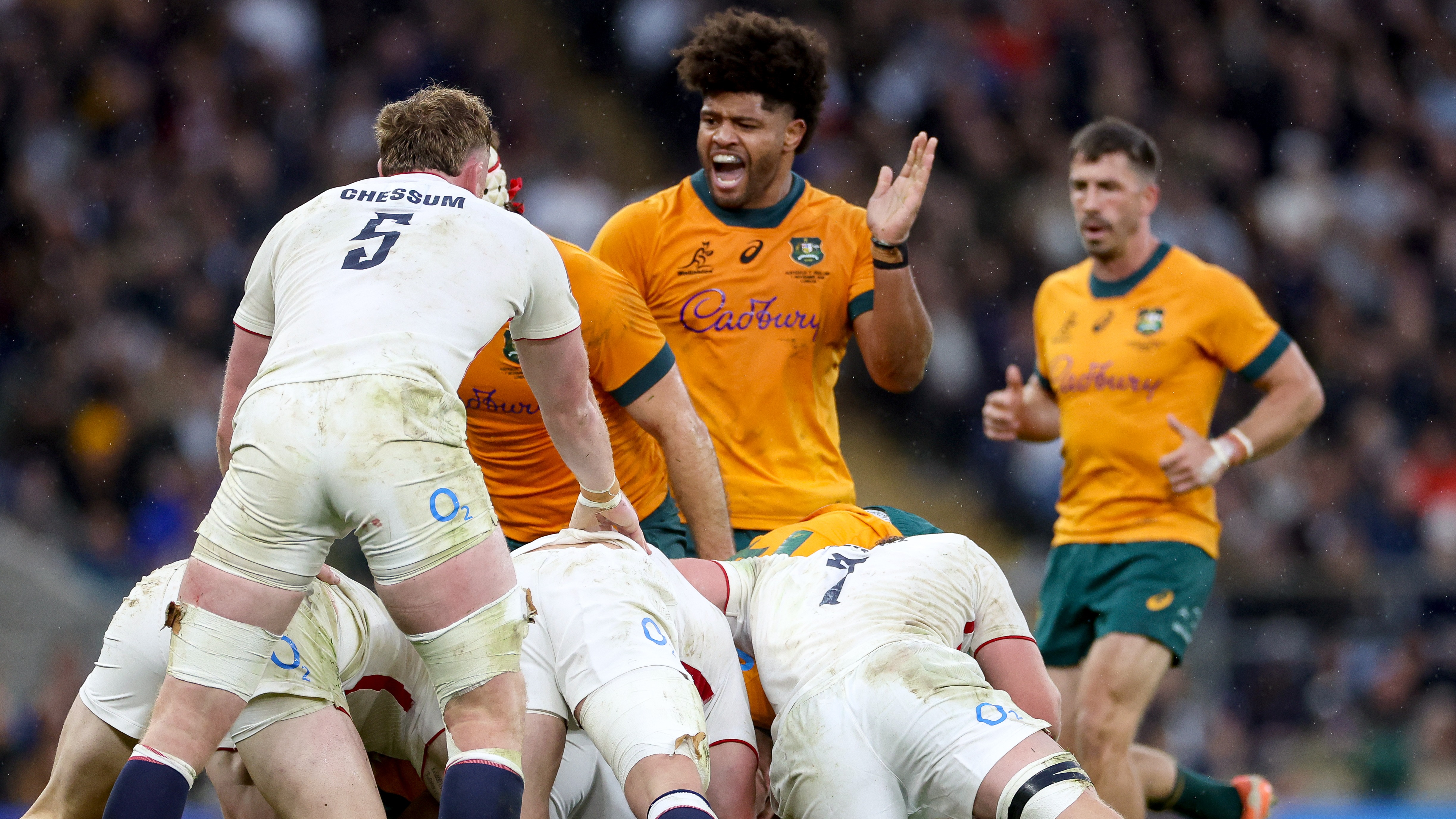 Australia's Rob Valetini celebrates at a ruck during the 2025 Quilter Nations Series game against England in Allianz Stadium, Twickenham.