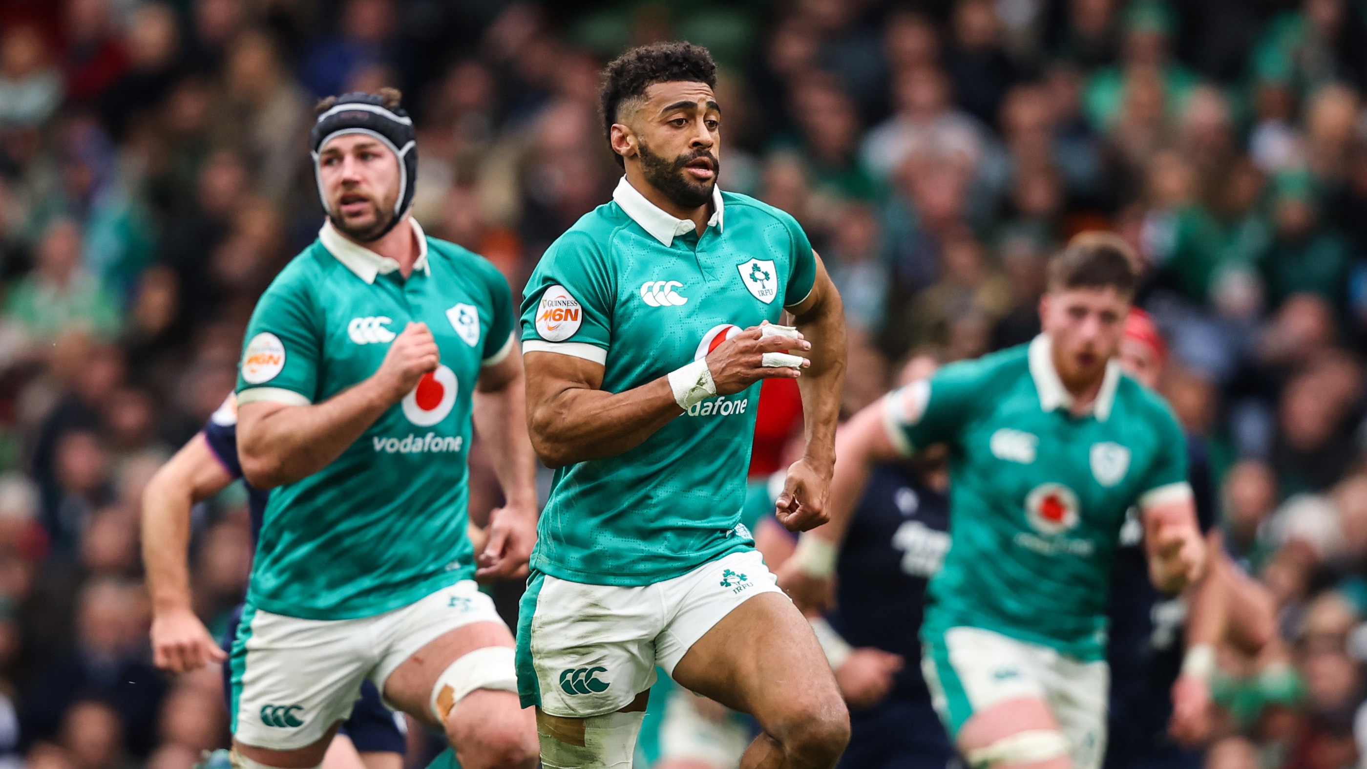 Robert Baloucoune makes a chase during the 2026 Championship match against Scotland.