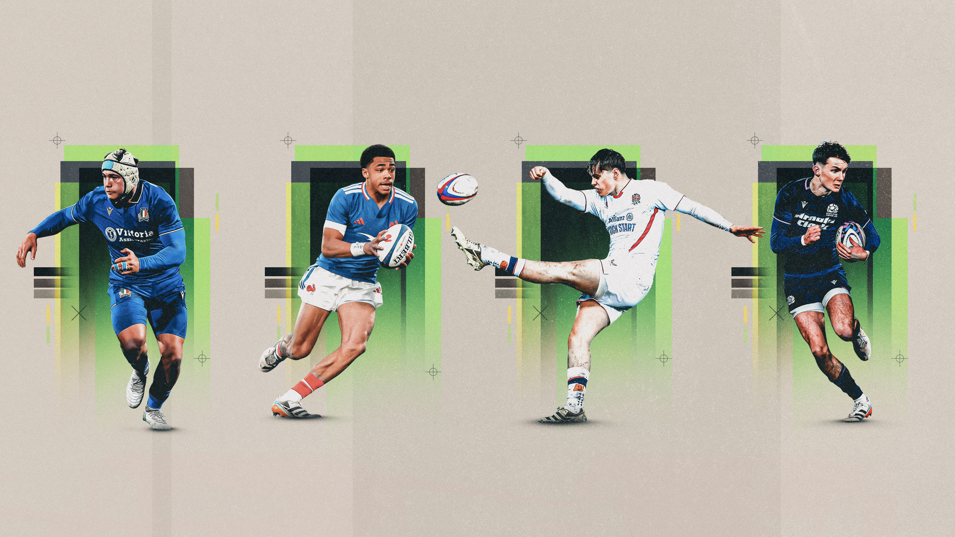 A graphic depicting all four of the 2026 U20 Six Nations Player of the Championship nominees.