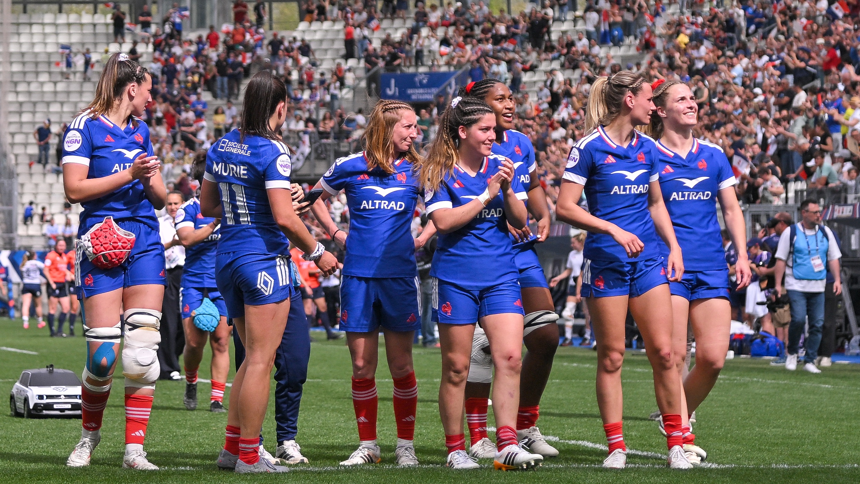 A view of the France team celebrating after the 2026 Guinness Women's Six Nations Championship Round 1 game between France and Italy in Alpine Stadium, Grenoble, France