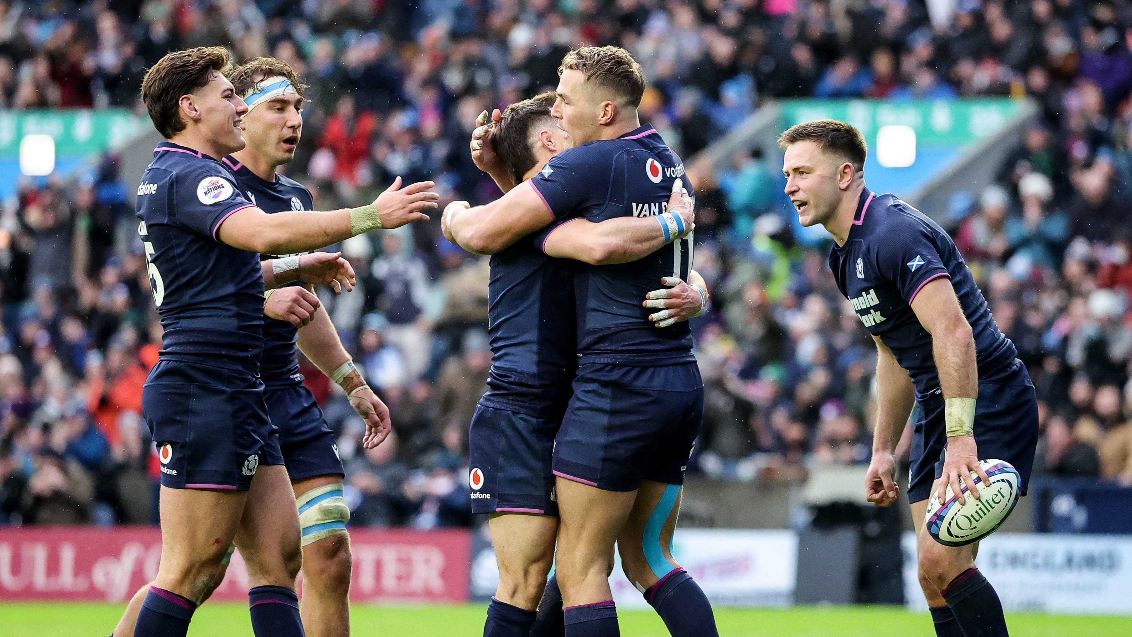 Scotland’s Duhan van der Merwe celebrates breaking his country's try-scoring record during the 2025 Quilter Nations Series game against Tonga.