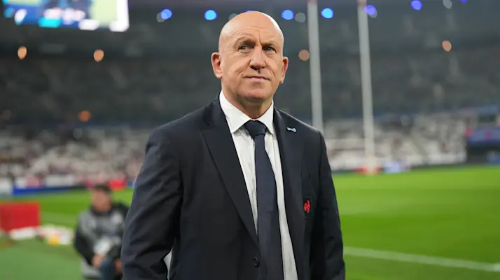 Shaun Edwards looks up into the crowd before a Quilter Nations Series match in 2025.