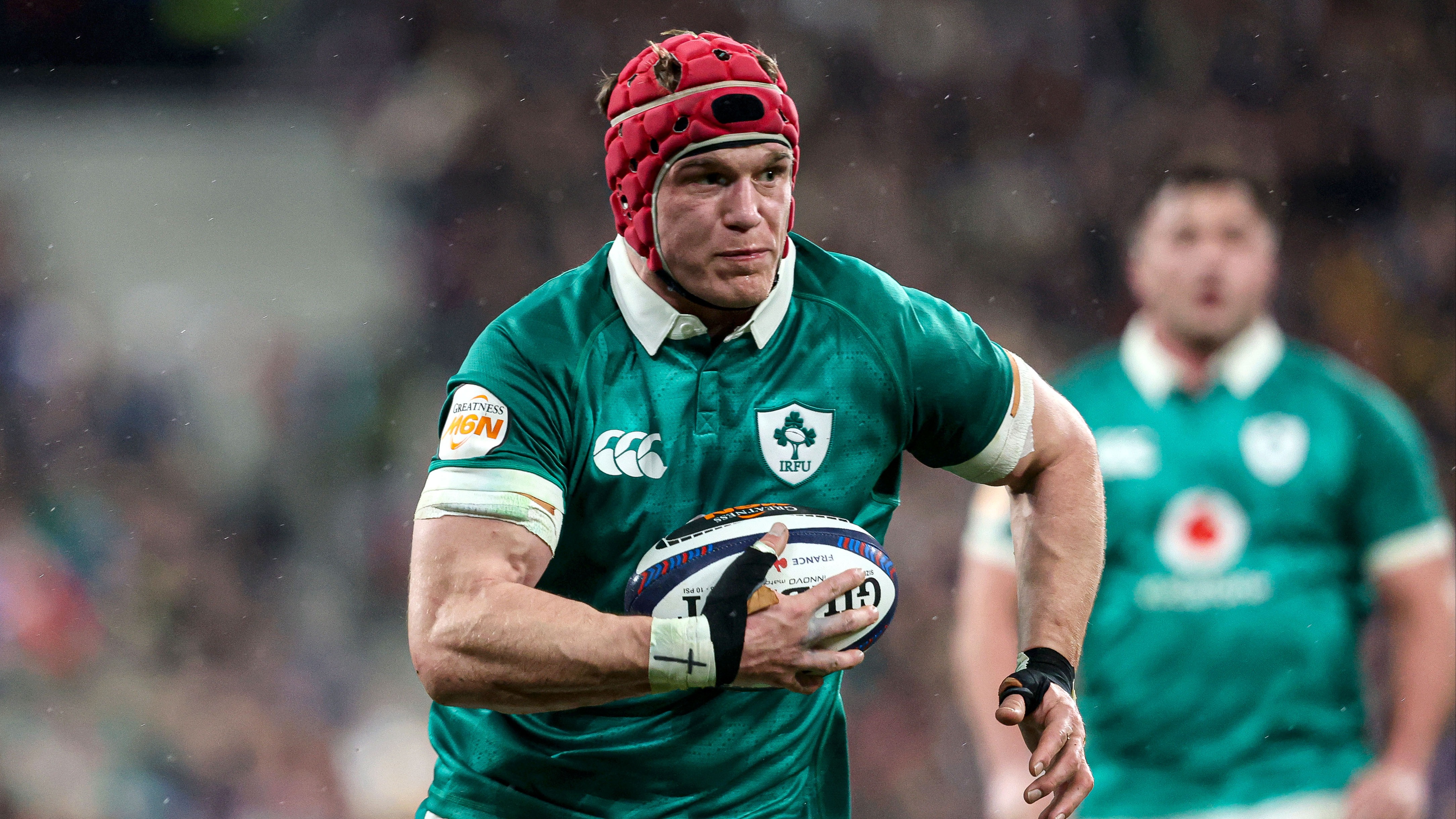 Josh van der Flier carries the ball at Twickenham during round three of the 2026 Championship.