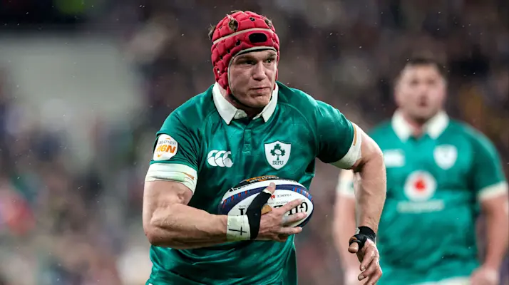 Josh van der Flier carries the ball at Twickenham during round three of the 2026 Championship.
