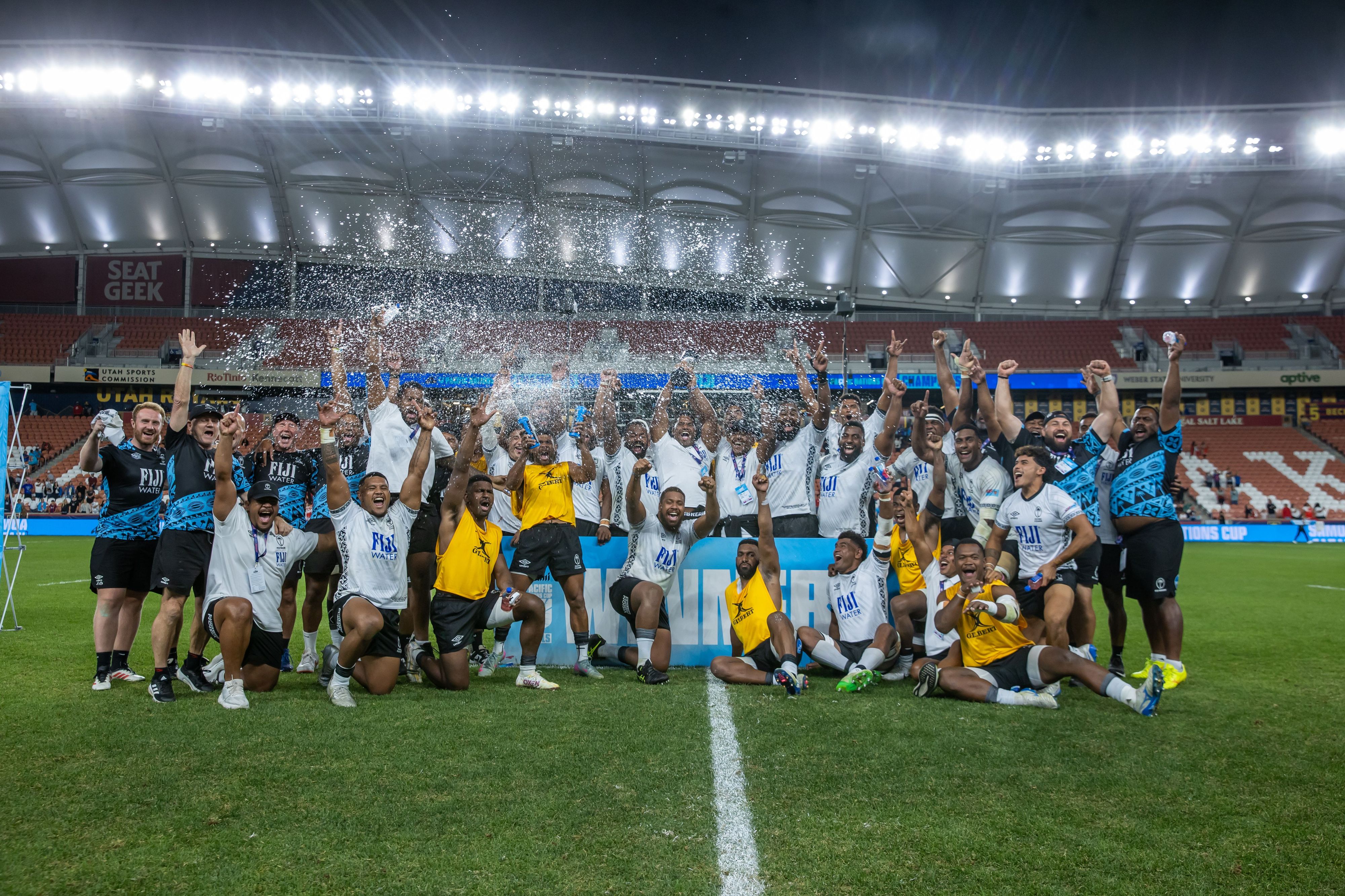Fiji celebrate winning the 2025 Pacific Nations Cup in Salt Lake City, Utah.