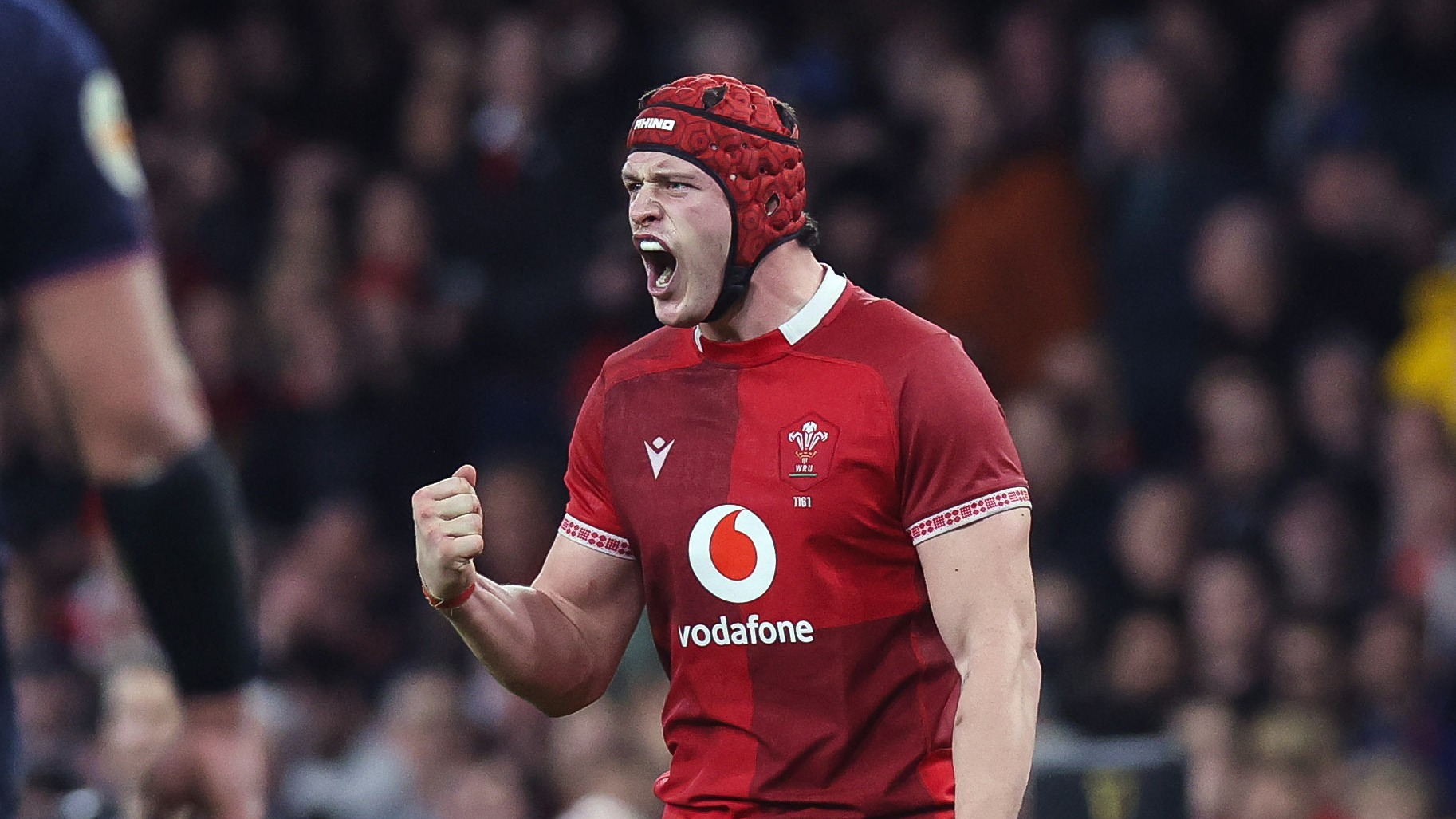 James Botham celebrates a turnover during the round three match against Scotland in the 2026 Championship.