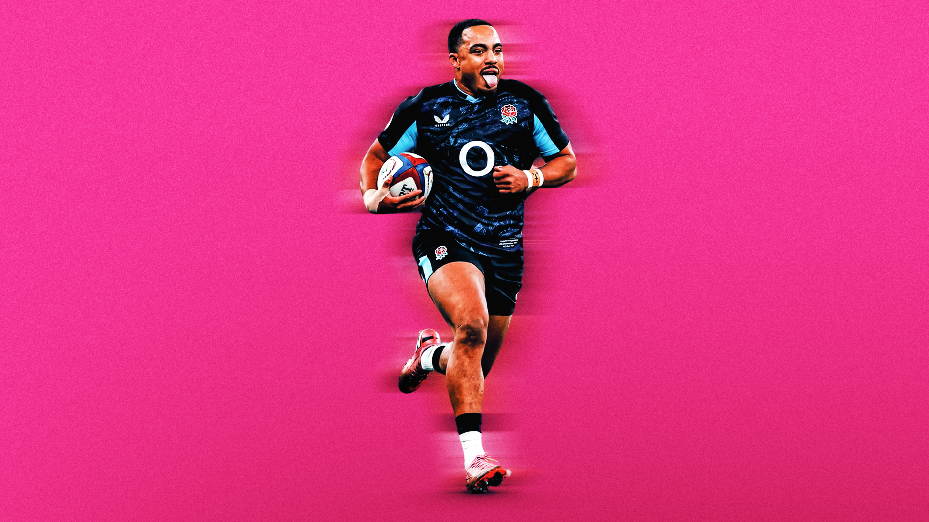 An action shot of Max Ojomoh in front of a vivid pink backdrop.