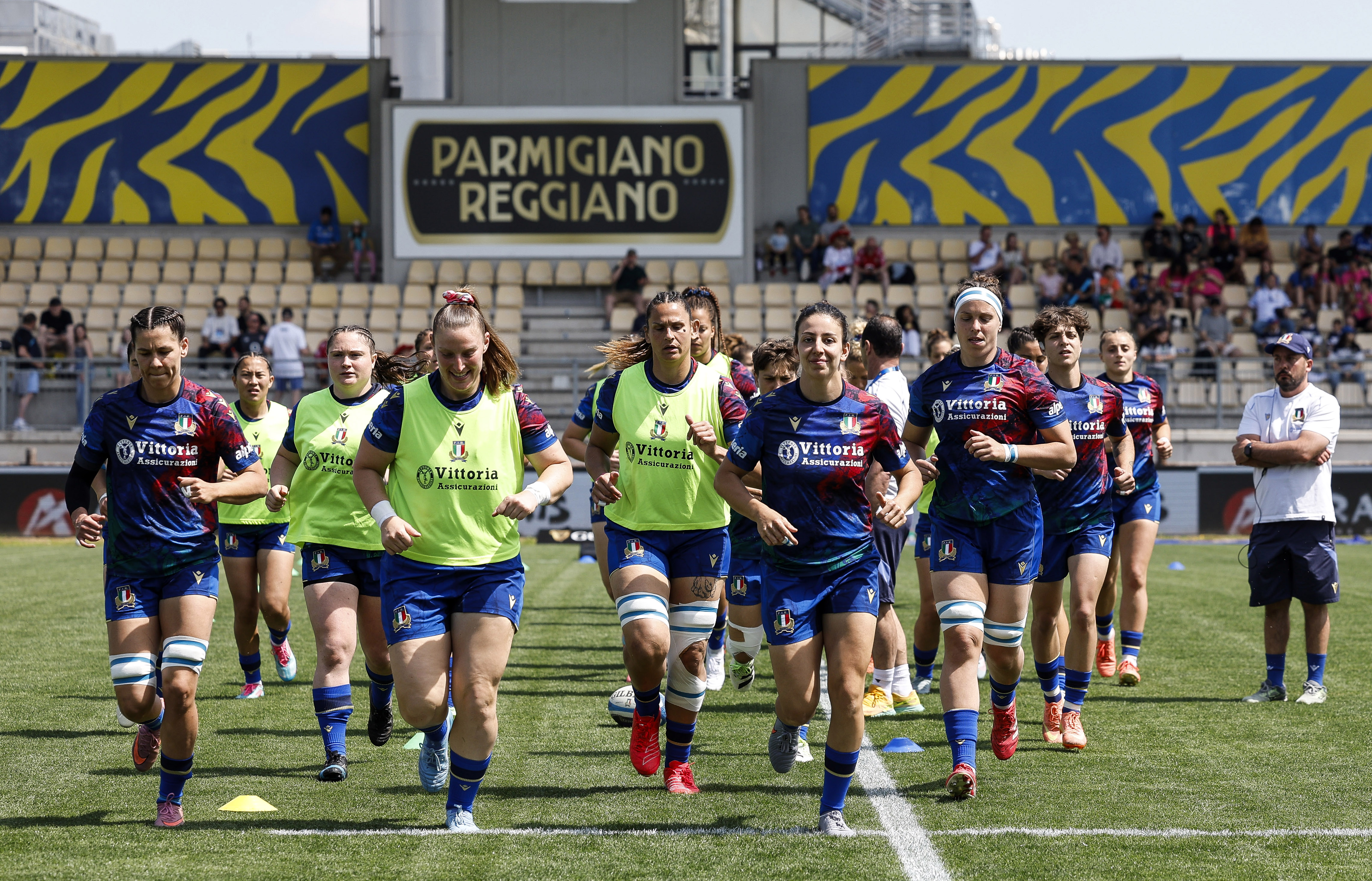 A view of the Italy team during the warm up ahead of the 2026 Guinness Women's Six Nations Championship Round 4 game between Italy and England in Stadio Sergio Lanfranchi, Parma