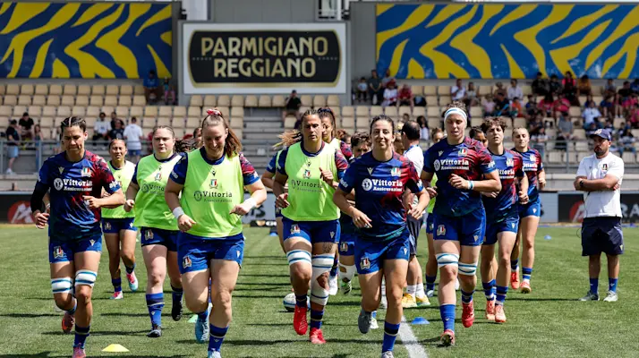 A view of the Italy team during the warm up ahead of the 2026 Guinness Women's Six Nations Championship Round 4 game between Italy and England in Stadio Sergio Lanfranchi, Parma
