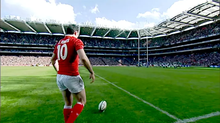 Wales fly-half Stephen Jones lines up for a kick from the tee against Ireland during the 2008 Championship.
