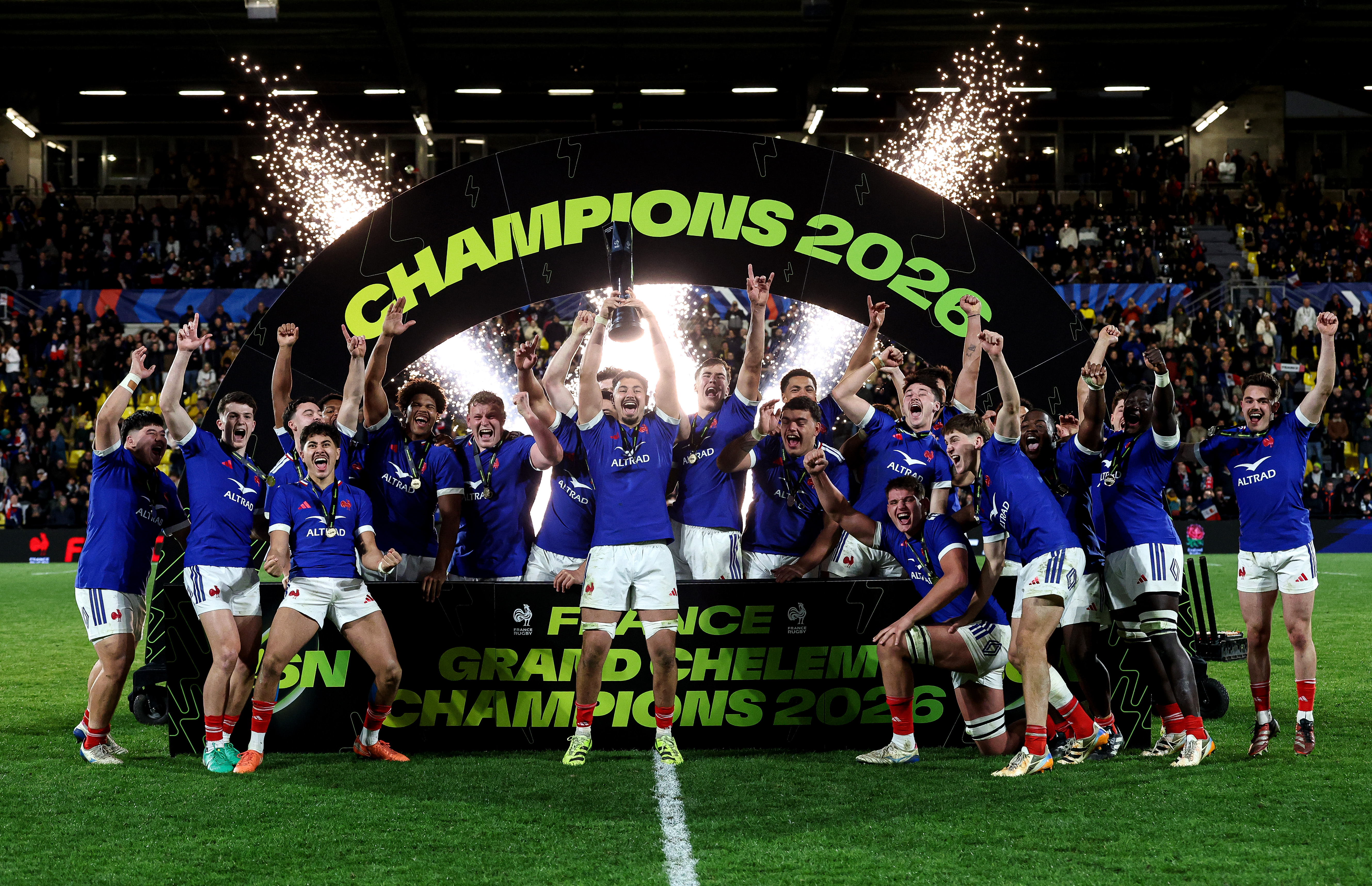 The France team celebrates winning the 2026 U20 Six Nations.