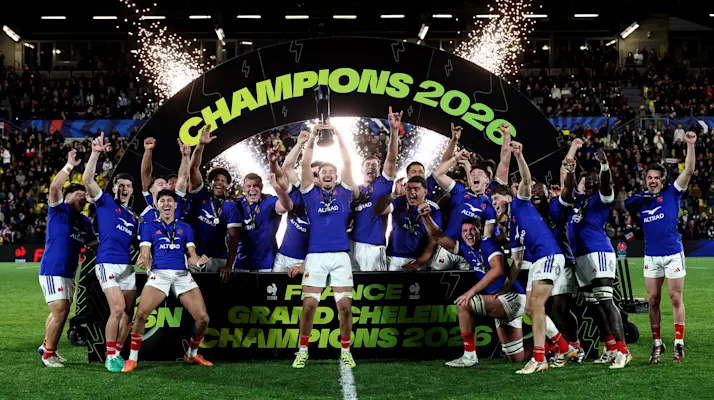 The France team celebrates winning the 2026 U20 Six Nations.
