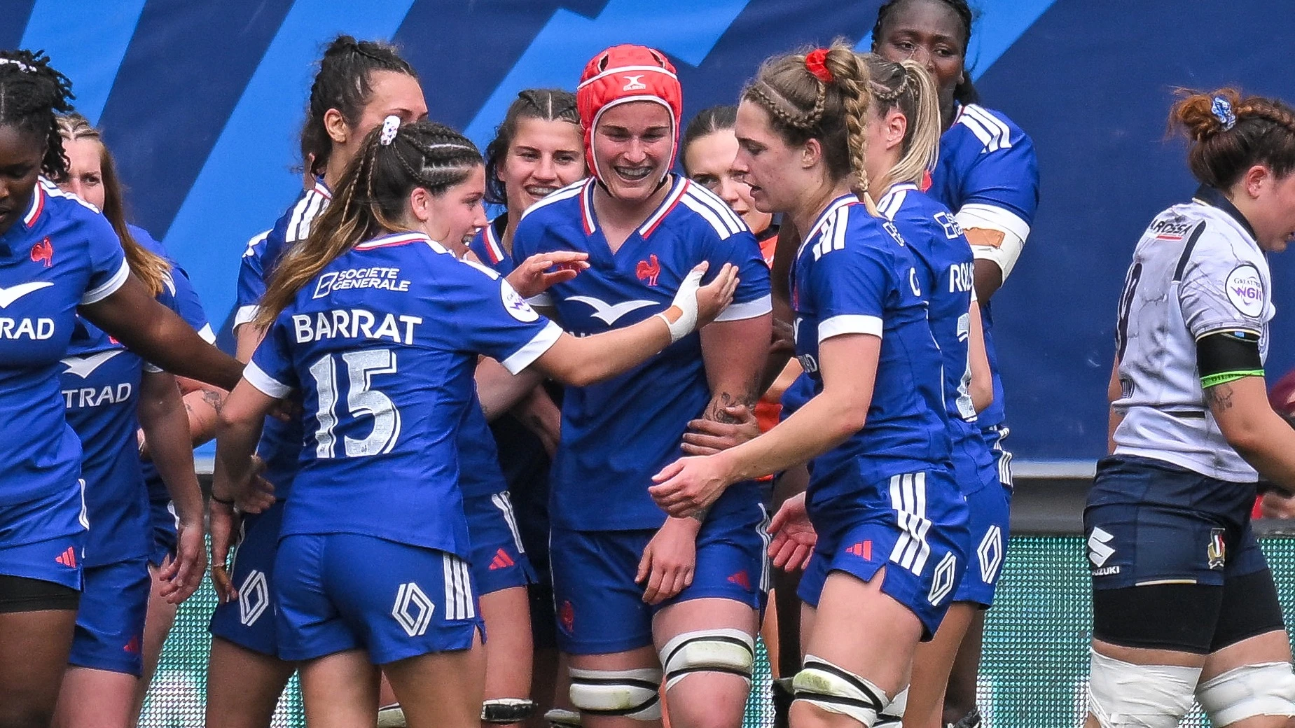 France’s Lea Murie celebrates with team mates after she scores her sides 4th try of the match during the 2026 Guinness Women's Six Nations Championship Round 1 game between France and Italy in Alpine Stadium, Grenoble France’s Lea Murie celebrates with team mates after she scores her sides 4th try of the match during the 2026 Guinness Women's Six Nations Championship Round 1 game between France and Italy in Alpine Stadium, Grenoble