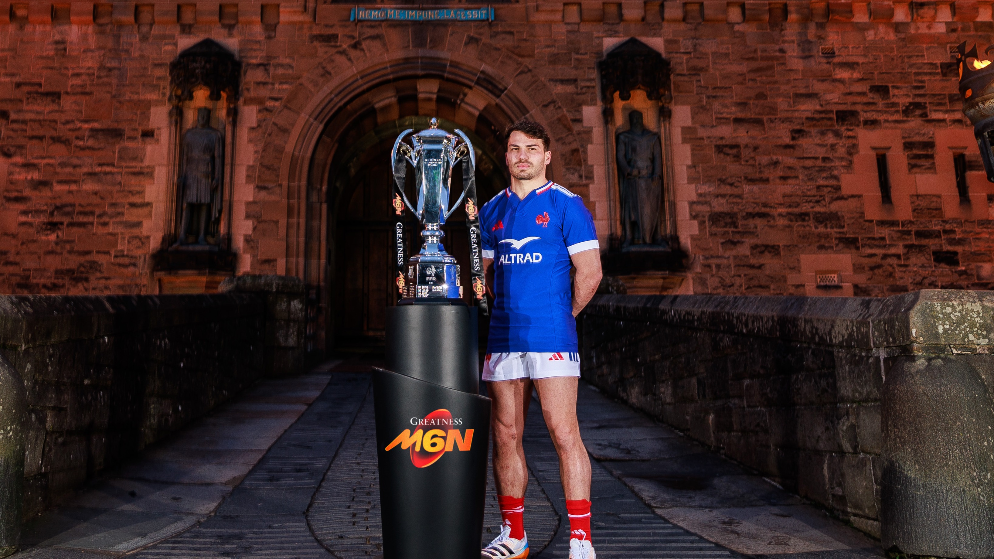 Antoine Dupont with the Six Nations trophy outside Edinburgh Castle for the 2026 Championship launch.