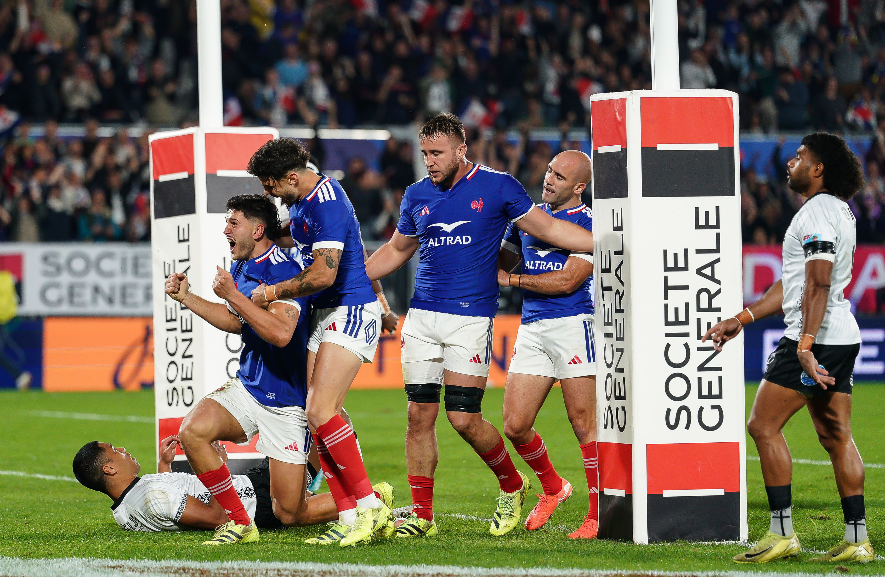 France's Nicolas Depoortere celebrates after he scores his sides 1st try during the 2025 Quilter Nations Series game between France and Fiji in Stade Matmut-Atlantique, Bordeaux, France, Saturday, November 15, 2025 (Photo by Dave Winter / Inpho)