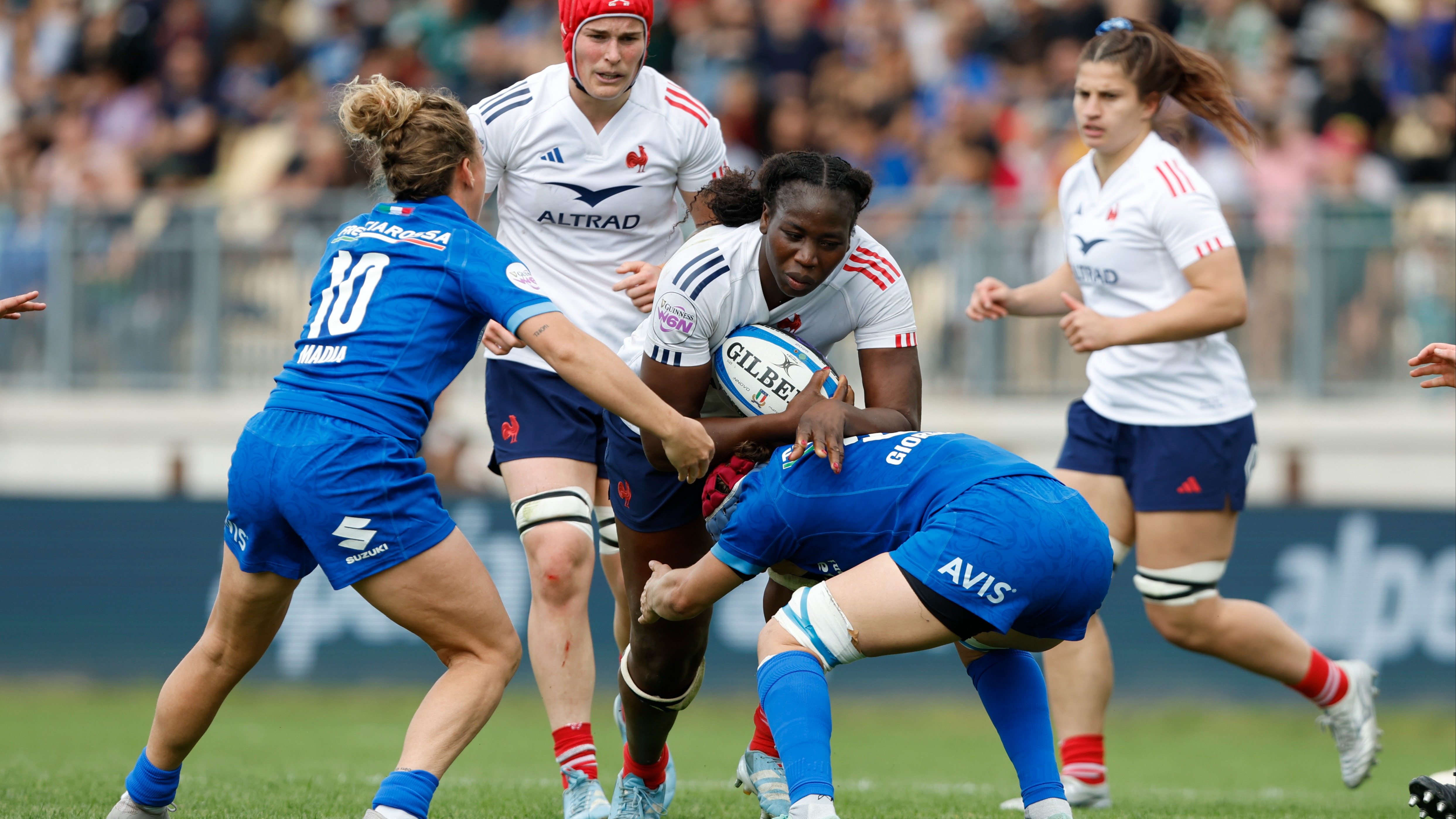 France's Madoussou Fall Raclot is tackled during the 2025 Guinness Women's Six Nations Championship Round 4 game between Italy and France in Stadio Sergio Lanfranchi, Parma