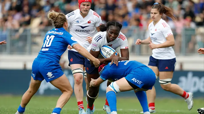 France's Madoussou Fall Raclot is tackled during the 2025 Guinness Women's Six Nations Championship Round 4 game between Italy and France in Stadio Sergio Lanfranchi, Parma