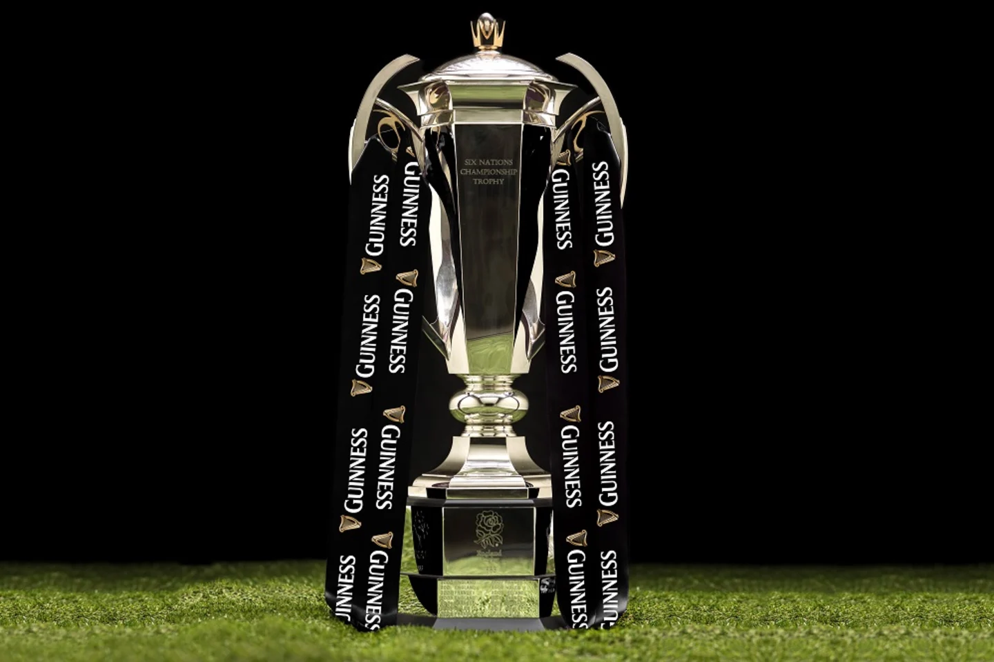 A view of the Guinness Men's Six Nations trophy against a black backdrop.