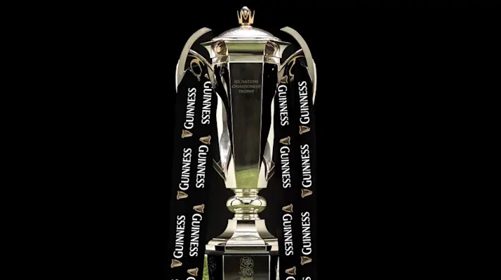 A view of the Guinness Men's Six Nations trophy against a black backdrop.