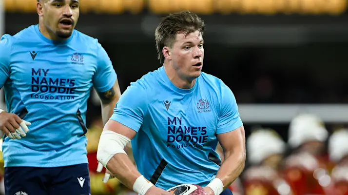 Scotland's Huw Jones during the warm-up ahead of the 2026 Guinness Men's Six Nations match in Cardiff.