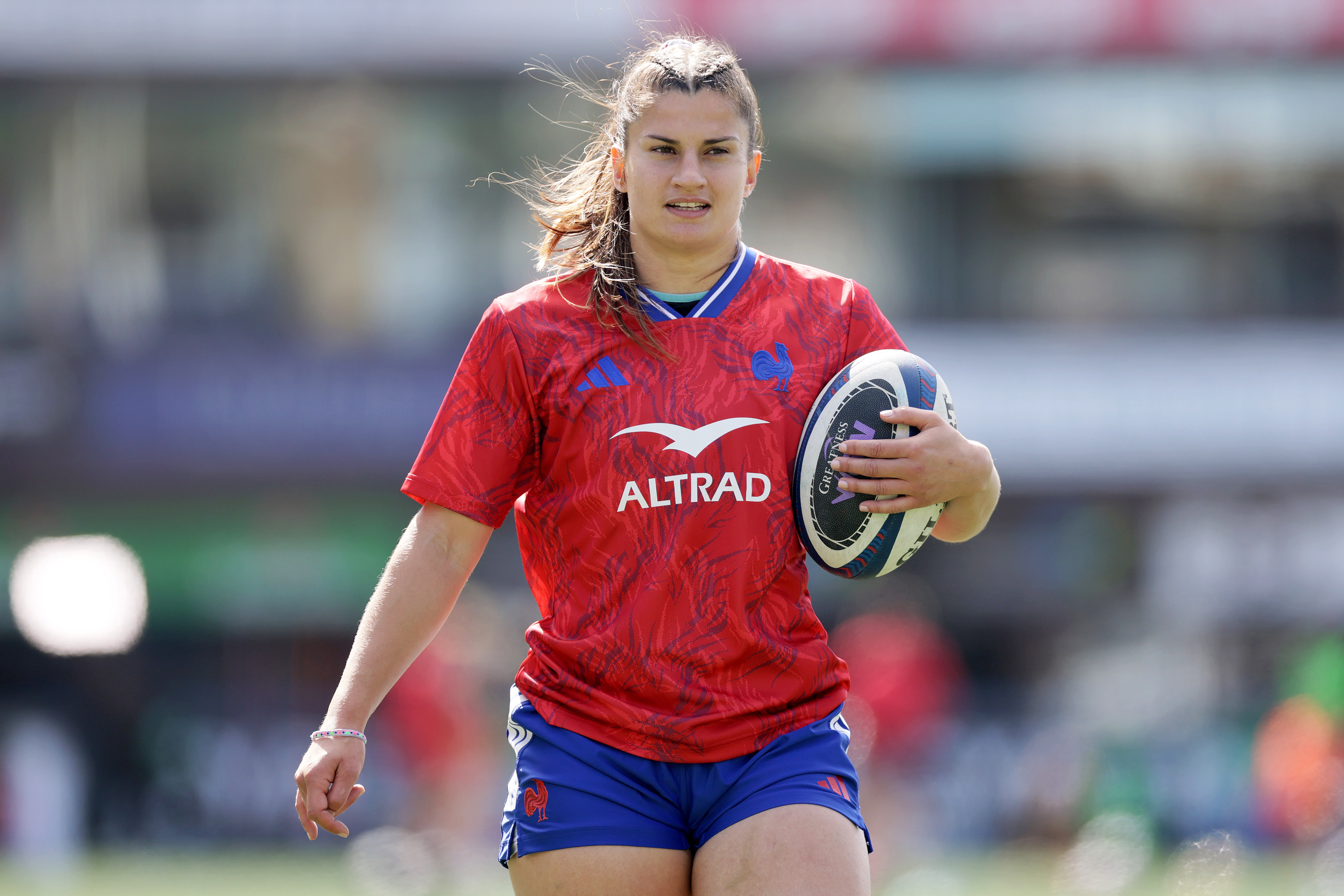 France's Axelle Berthoumieu during the warm-up before the 2026 Guinness Women's Six Nations Championship Round 2 game between Wales and France in Cardiff Arms Park, Cardiff