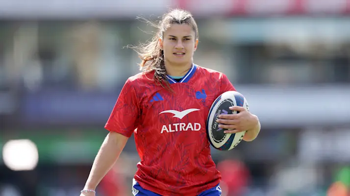 France's Axelle Berthoumieu during the warm-up before the 2026 Guinness Women's Six Nations Championship Round 2 game between Wales and France in Cardiff Arms Park, Cardiff