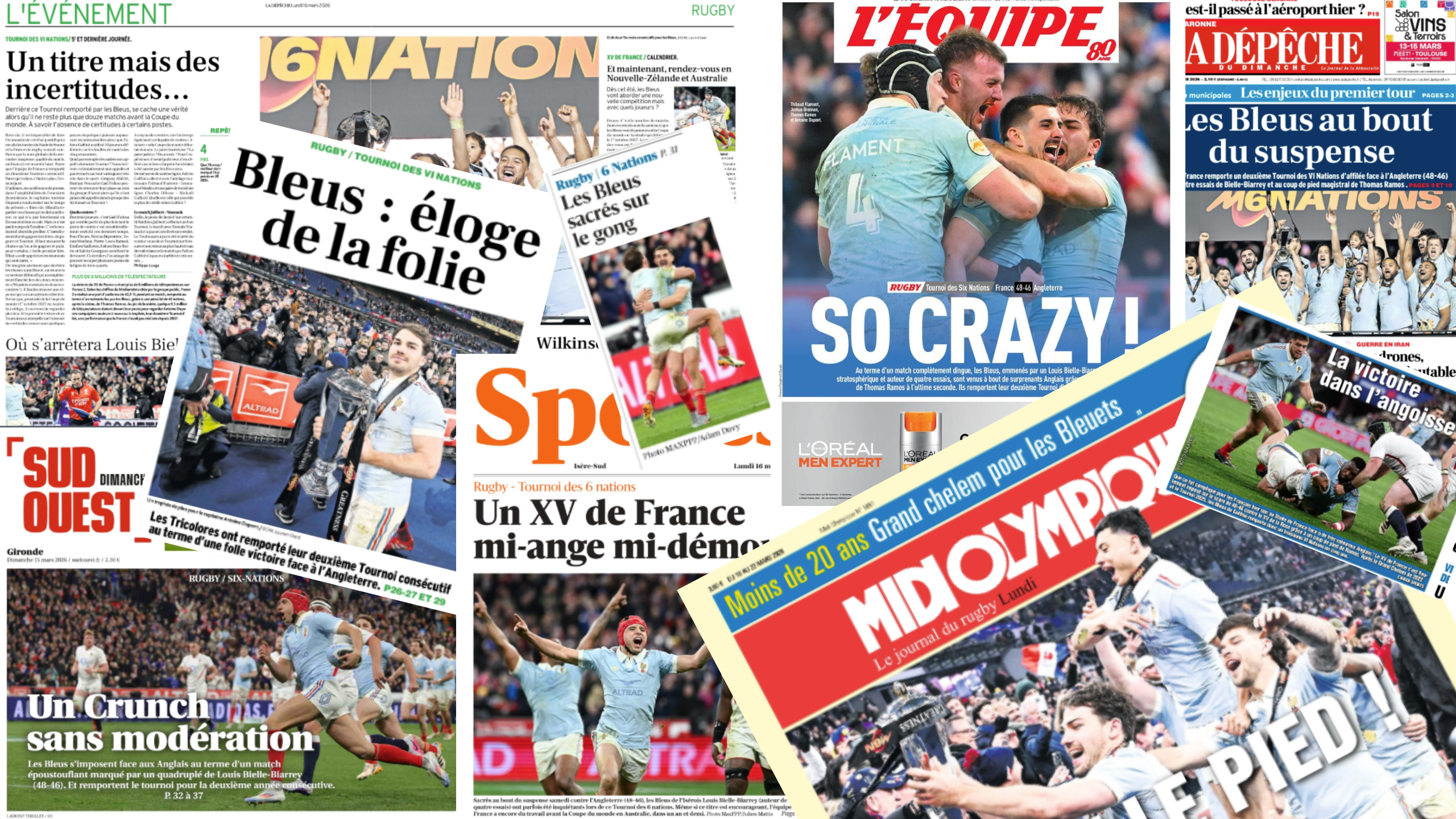 A selection of French front pages following the team's 2026 Championship title win.