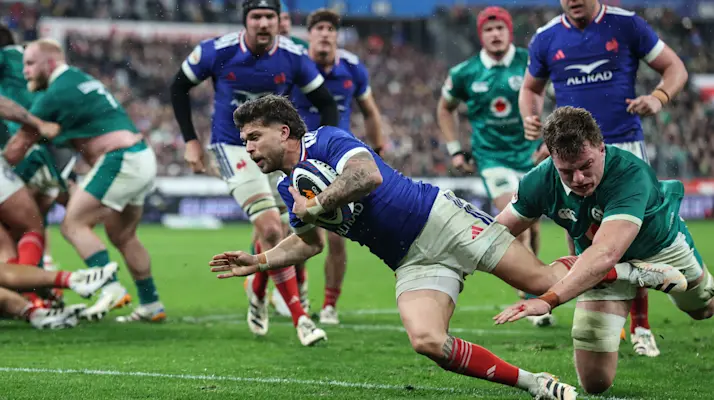 France's Matthieu Jalibert is tackled by Ireland's Cian Prendergast during the 2026 Guinness Six Nations Championship Round 1 game between France and Ireland in Stade de France, Paris, France, Thursday, February 5, 2026 (Photo by Dan Sheridan / Inpho)
