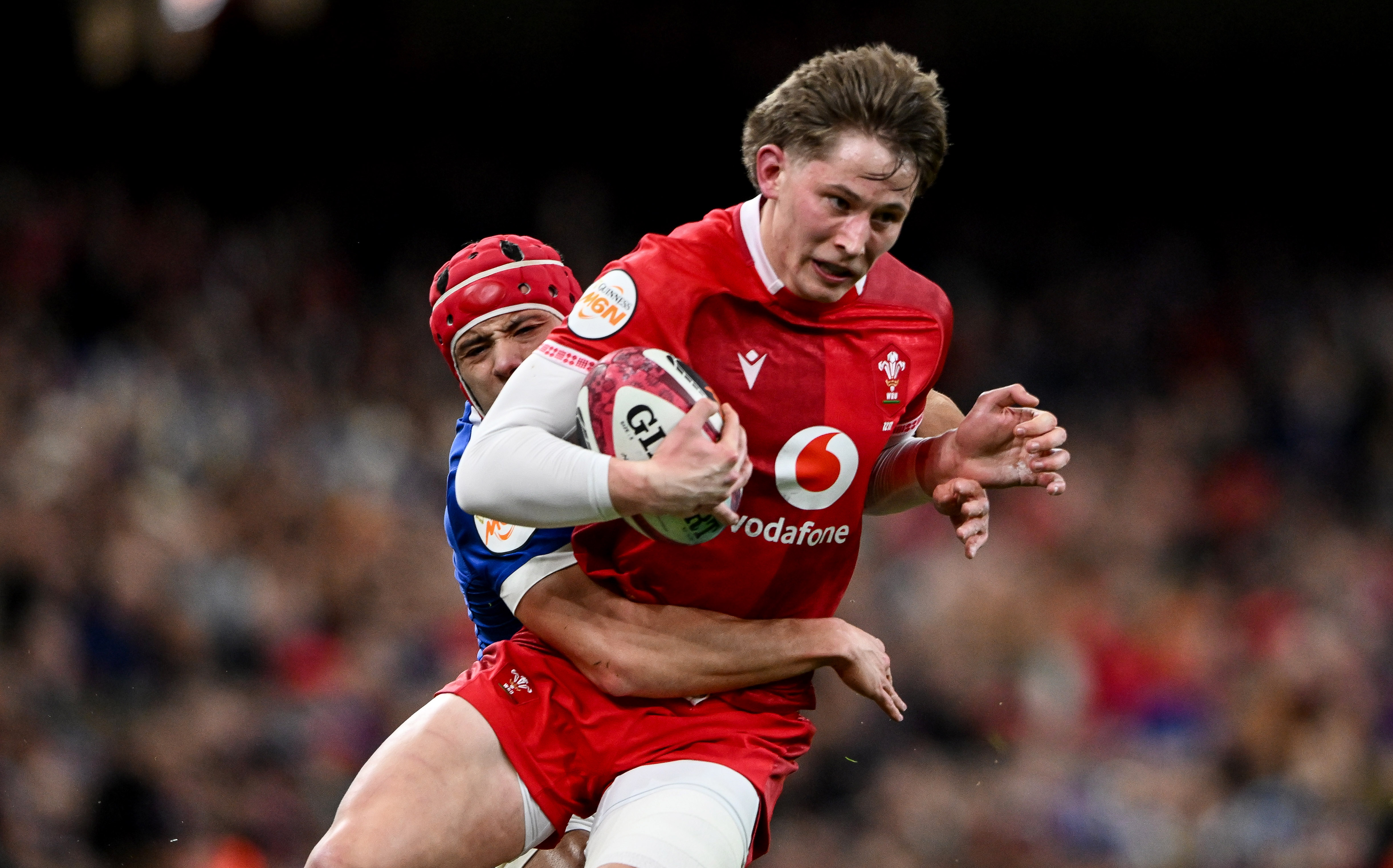 France's Louis Bielle-Biarrey tackles Wales' Ellis Mee during the 2026 Guinness Six Nations Championship.